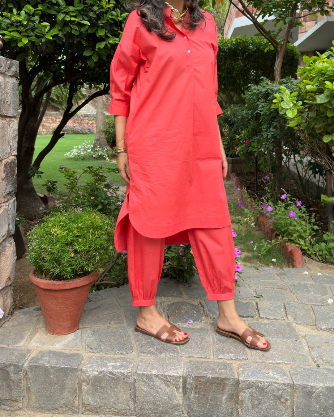 Coral Red Cotton Coord Set