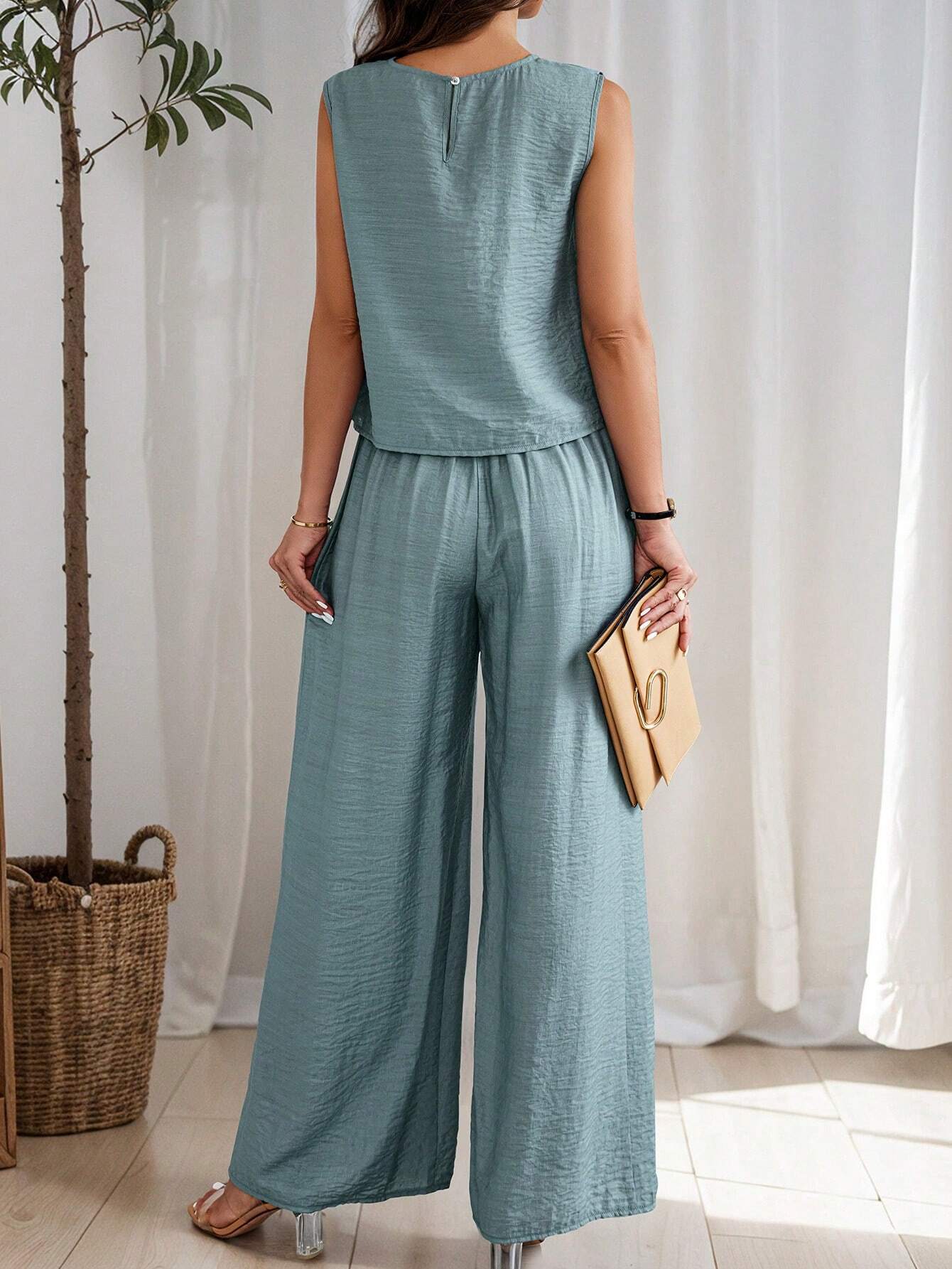 Women's Summer Solid Color Round Neck Top And Pleated Wide Leg Casual Casual Two-Piece Set