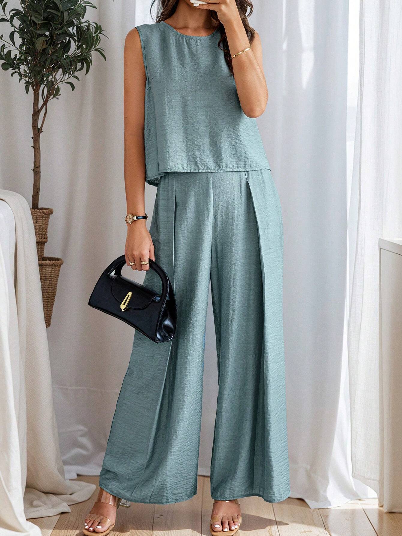 Women's Summer Solid Color Round Neck Top And Pleated Wide Leg Casual Casual Two-Piece Set