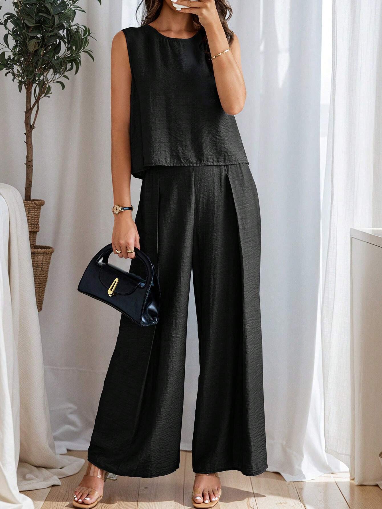 Women's Summer Solid Color Round Neck Top And Pleated Wide Leg Casual Casual Two-Piece Set