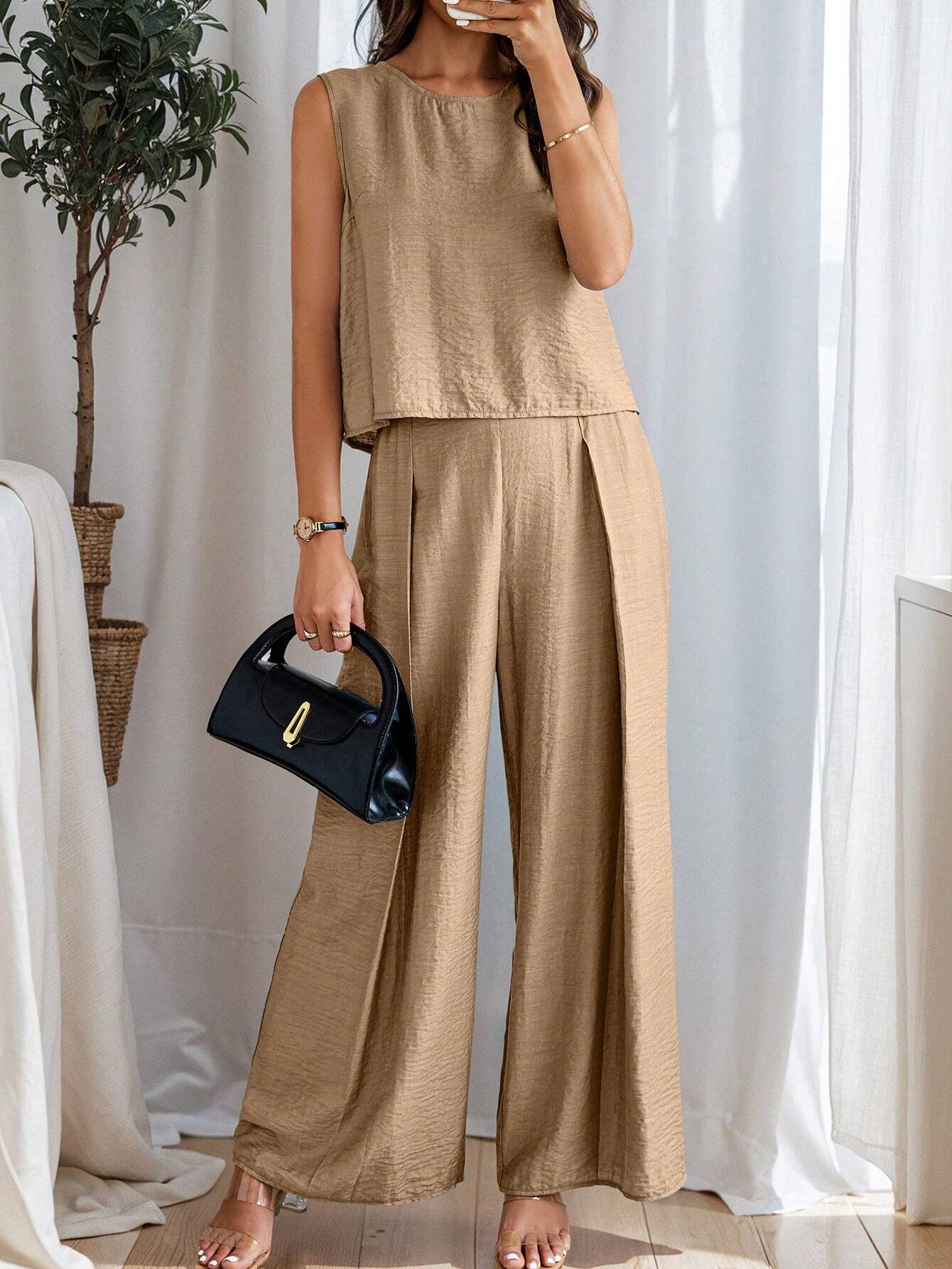 Women's Summer Solid Color Round Neck Top And Pleated Wide Leg Casual Casual Two-Piece Set
