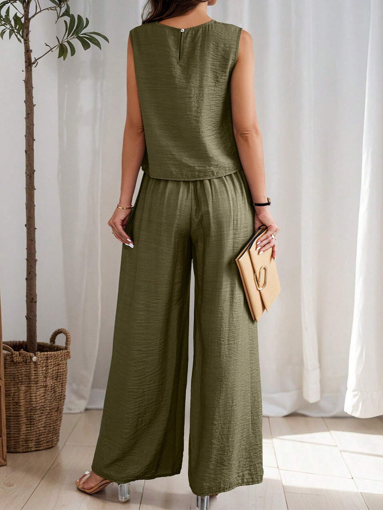 Women's Summer Solid Color Round Neck Top And Pleated Wide Leg Casual Casual Two-Piece Set