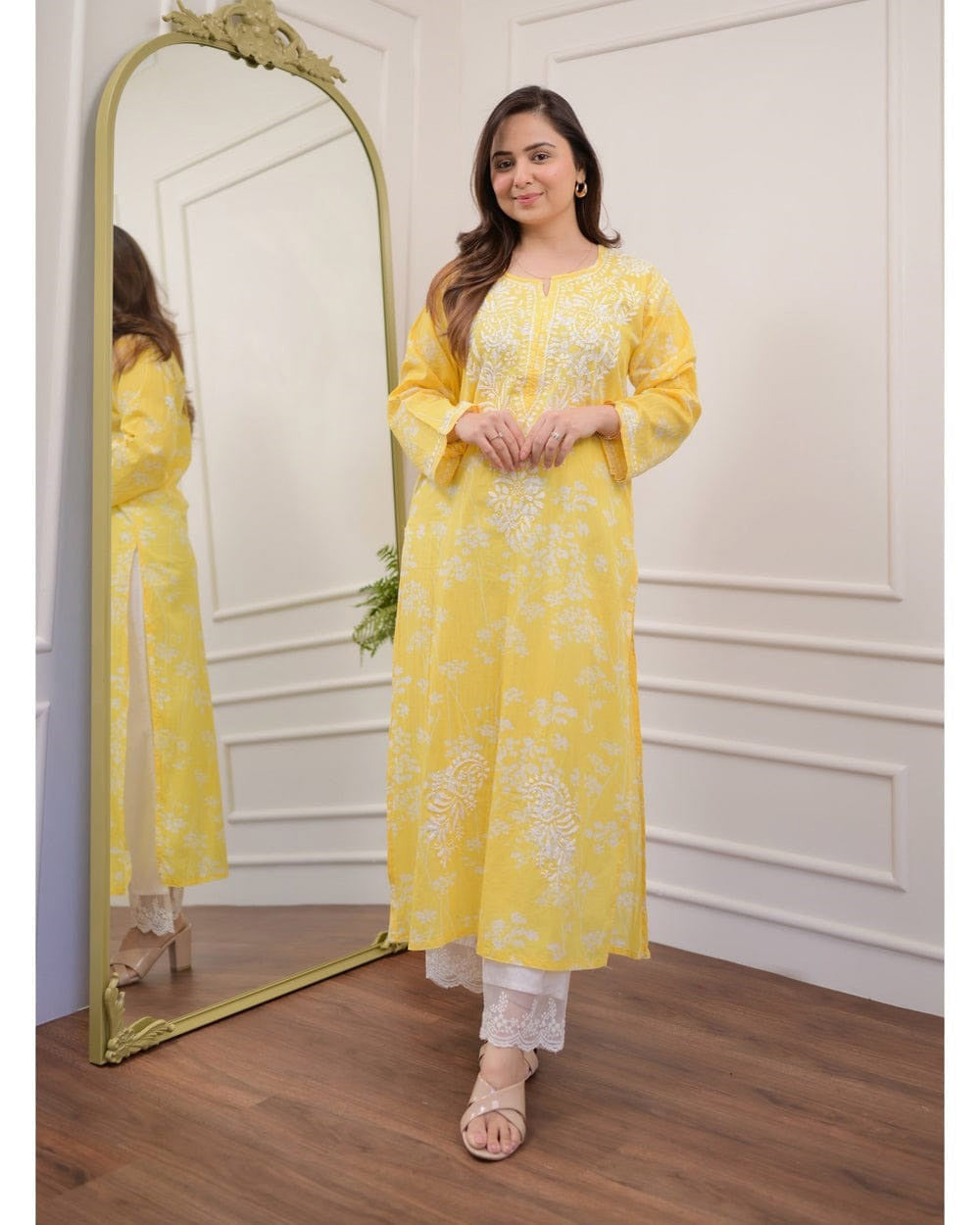 Yellow Floral Chikankari Embroidered Straight Kurti Pant Set Cotton Salwar Kameez for Women