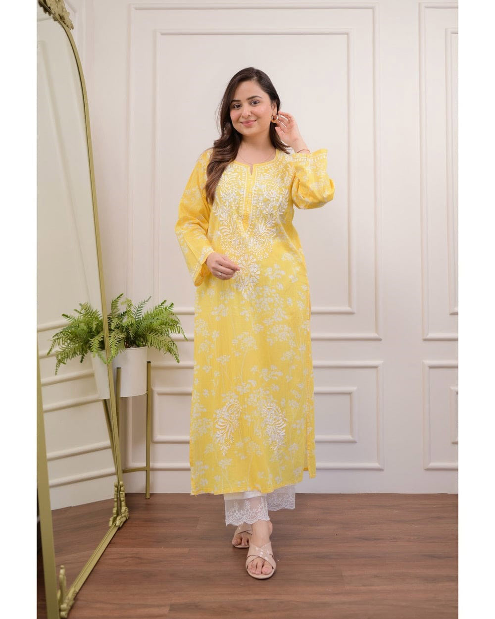 Yellow Floral Chikankari Embroidered Straight Kurti Pant Set Cotton Salwar Kameez for Women