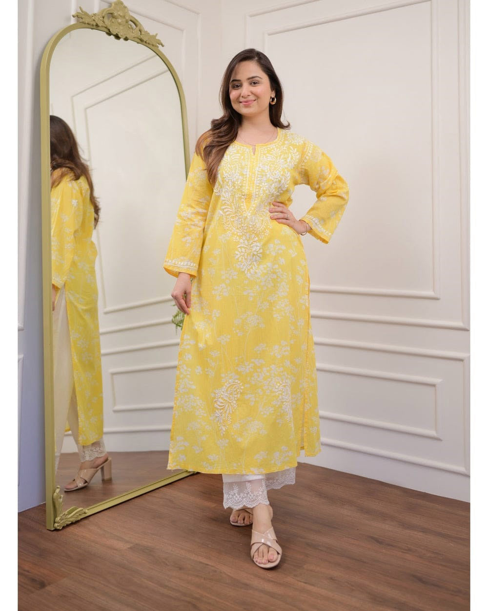 Yellow Floral Chikankari Embroidered Straight Kurti Pant Set Cotton Salwar Kameez for Women