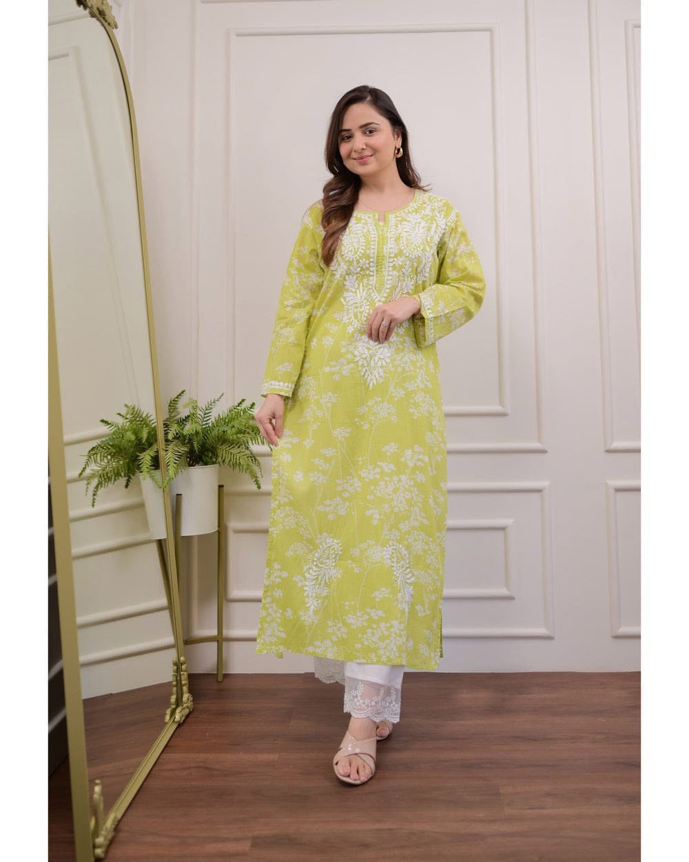 Green Floral Chikankari Embroidered Straight Kurti Pant Set Cotton Salwar Kameez for Women