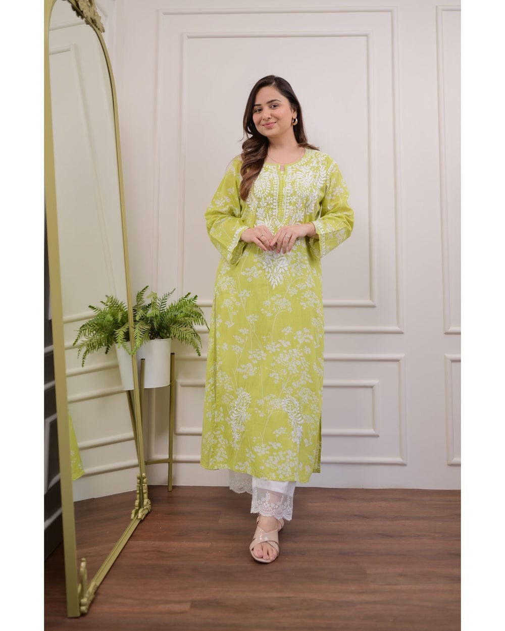 Green Floral Chikankari Embroidered Straight Kurti Pant Set Cotton Salwar Kameez for Women