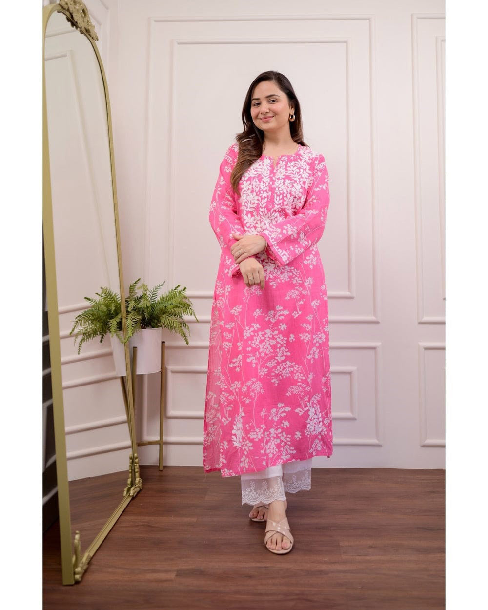 Pink Floral Chikankari Embroidered Straight Kurti Pant Set Cotton Salwar Kameez for Women