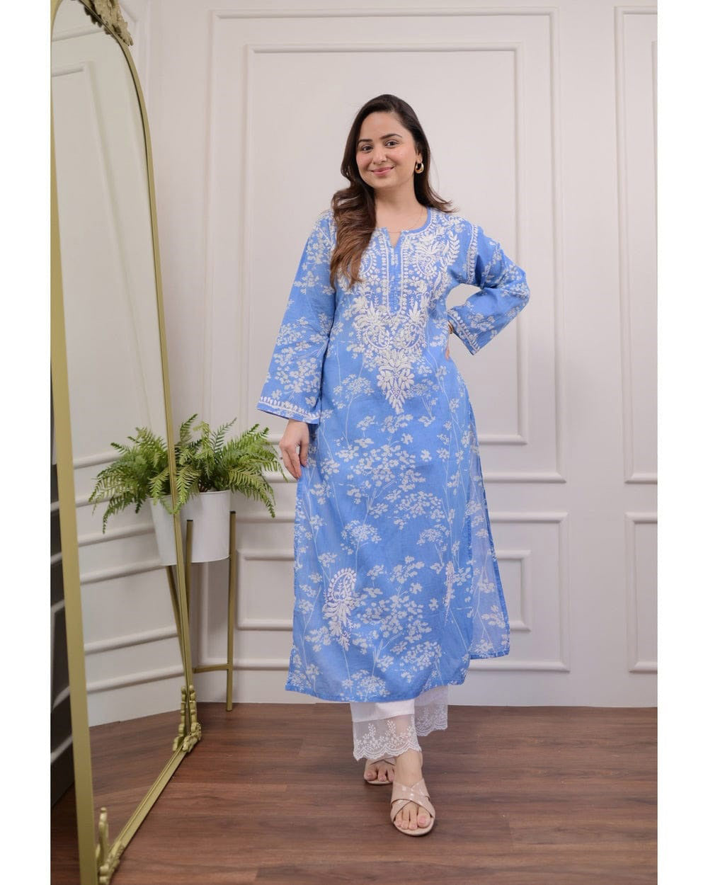 Blue Floral Chikankari Embroidered Straight Kurti Pant Set Cotton Salwar Kameez for Women