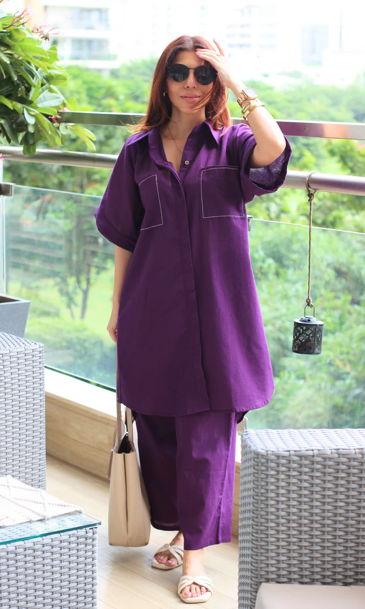 Purple Raga Contrast Thread Shirt Style Cotton Flex Coord