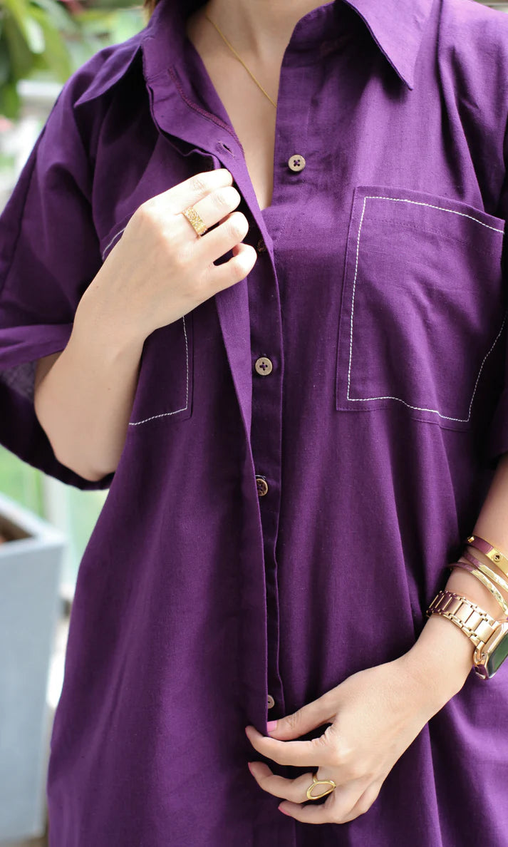 Purple Raga Contrast Thread Shirt Style Cotton Flex Coord