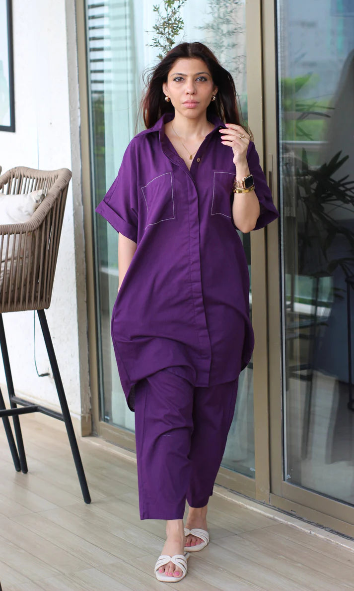 Purple Raga Contrast Thread Shirt Style Cotton Flex Coord