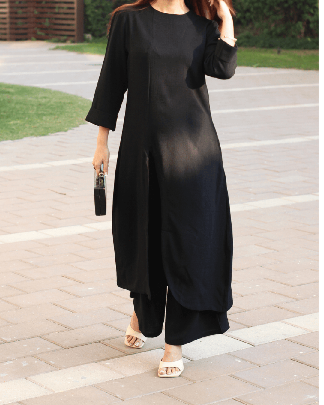 Black Boat Neck Front Slit Textured Co-ord