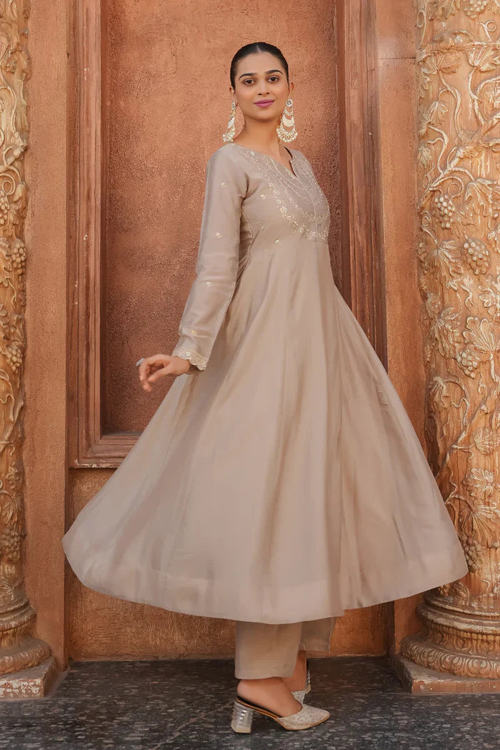 Elegant Taupe Embroidered Kurta Set with Dupatta for Women