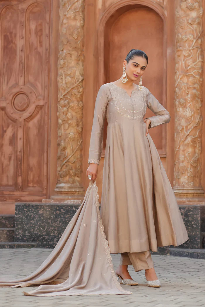 Elegant Taupe Embroidered Kurta Set with Dupatta for Women