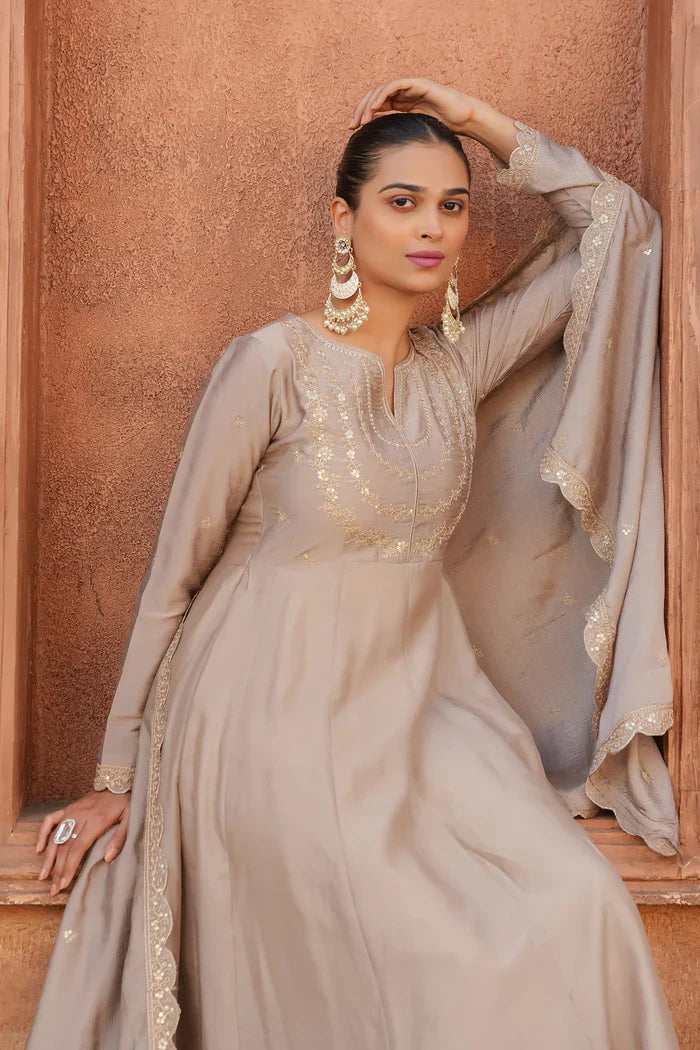 Elegant Taupe Embroidered Kurta Set with Dupatta for Women