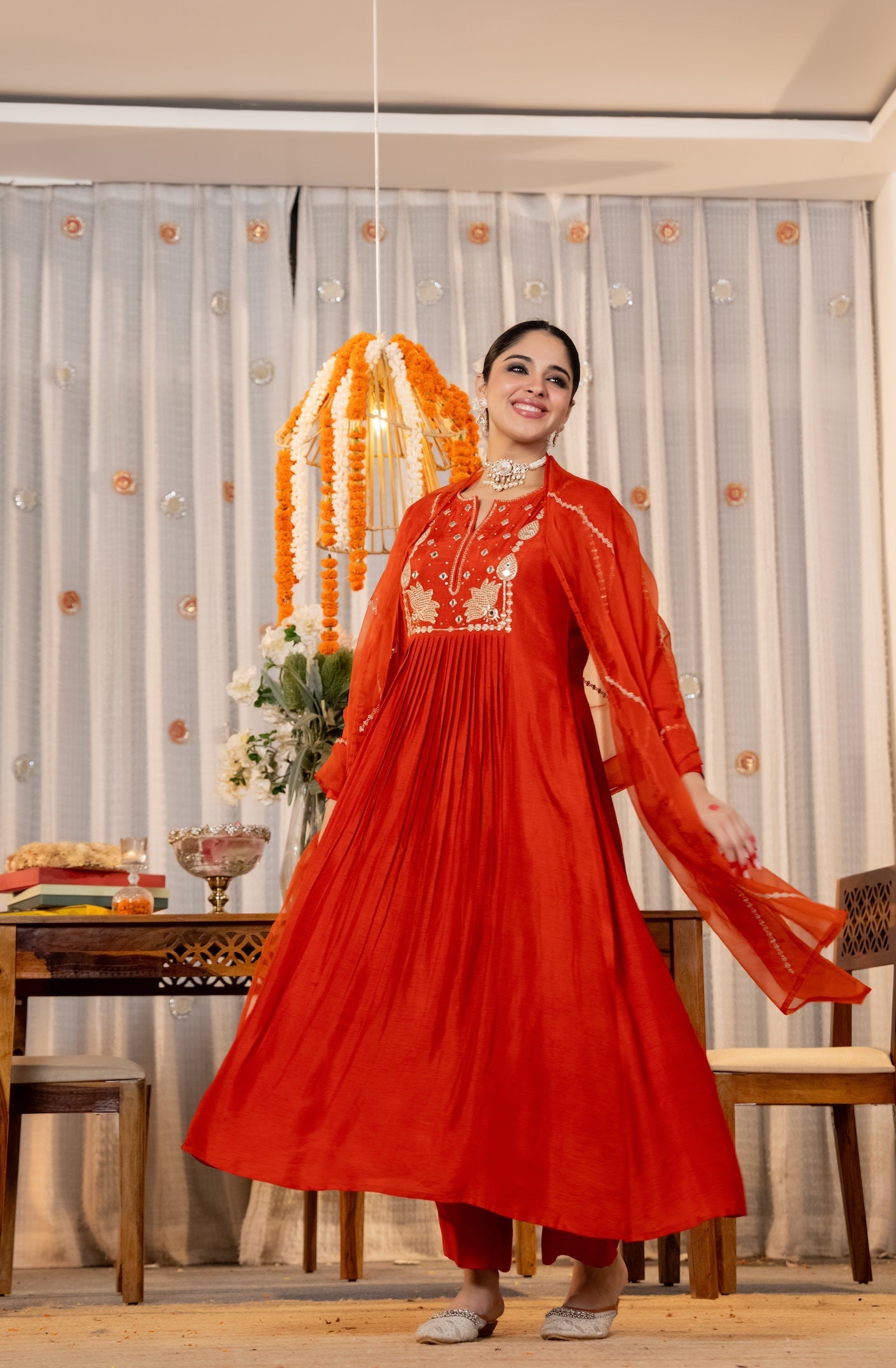 Elegant Red Embroidered Anarkali Kurta Set with Organza Dupatta for Women
