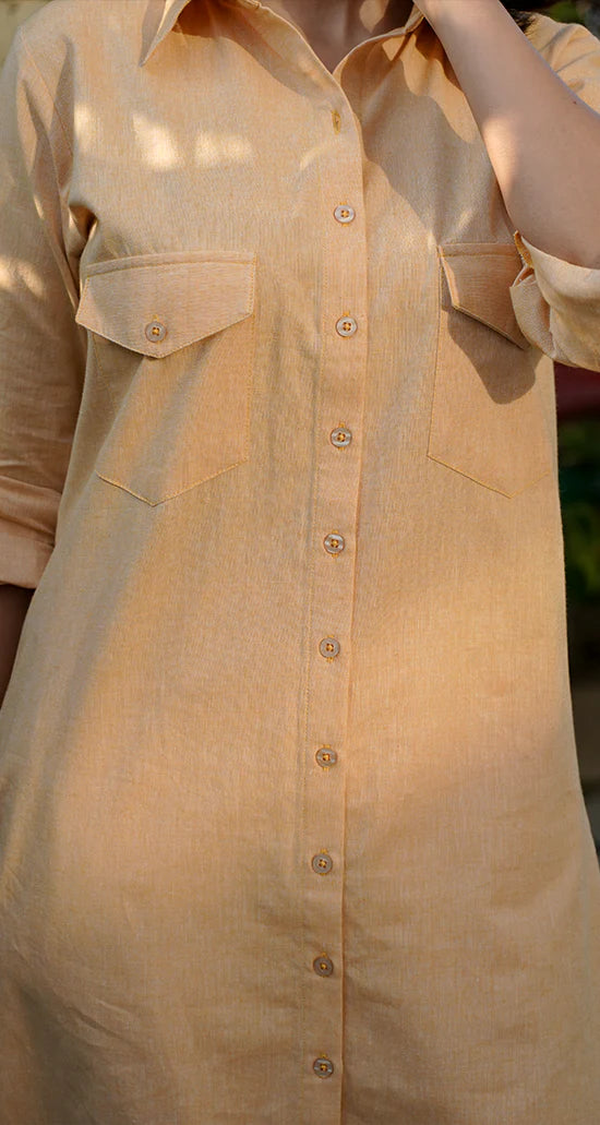 Women's Peach Cotton Linen Co-Ord Set | Shirt Style Kurta with Straight Pants