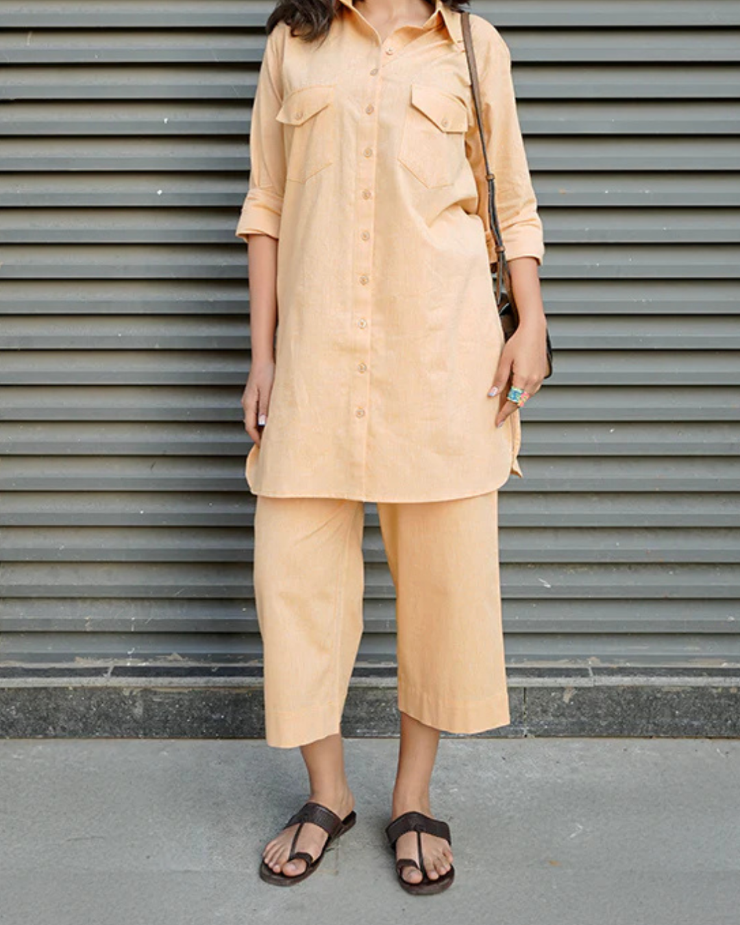 Women's Peach Cotton Linen Co-Ord Set | Shirt Style Kurta with Straight Pants