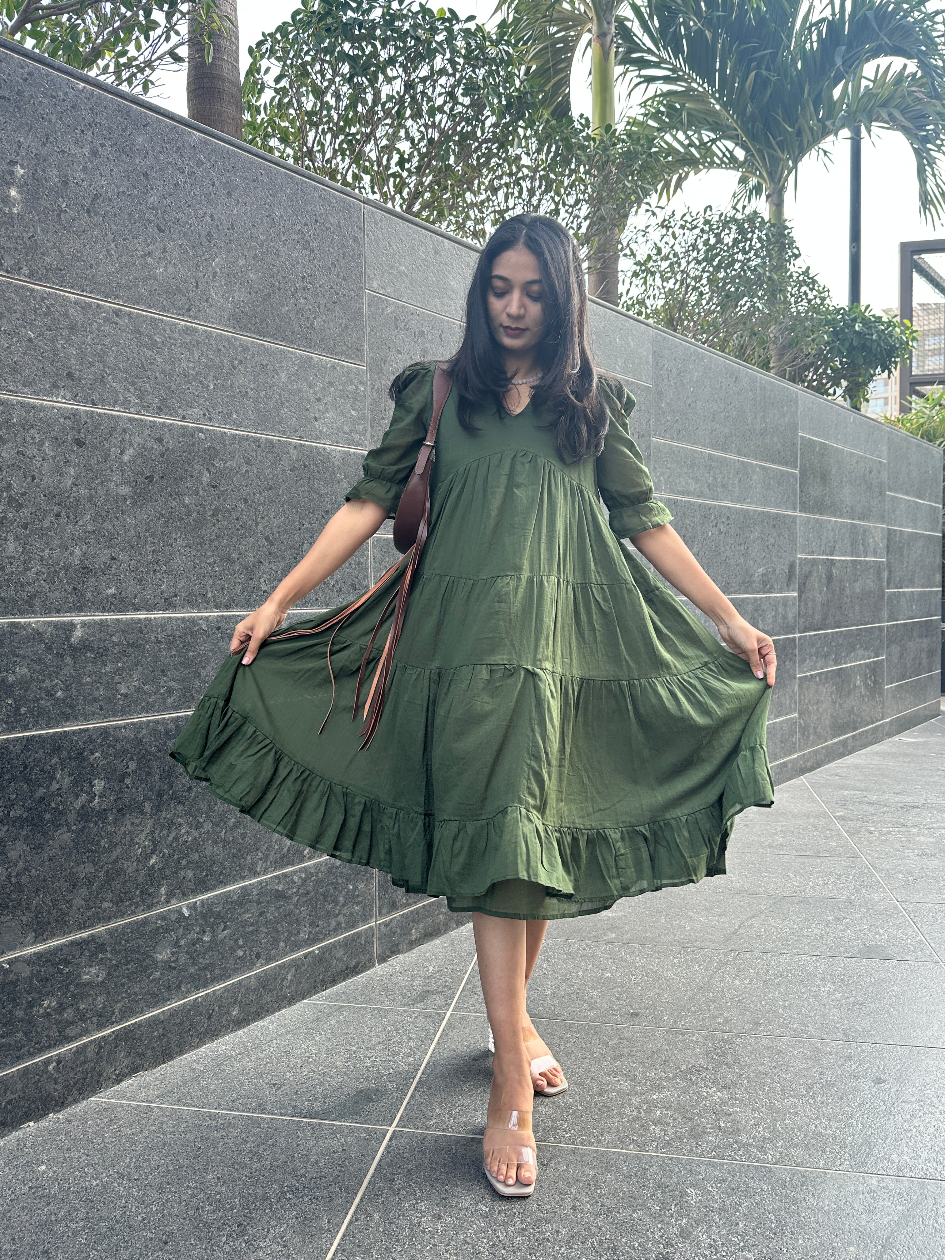 Olive Green Fairytale MIDI Dress with Lining
