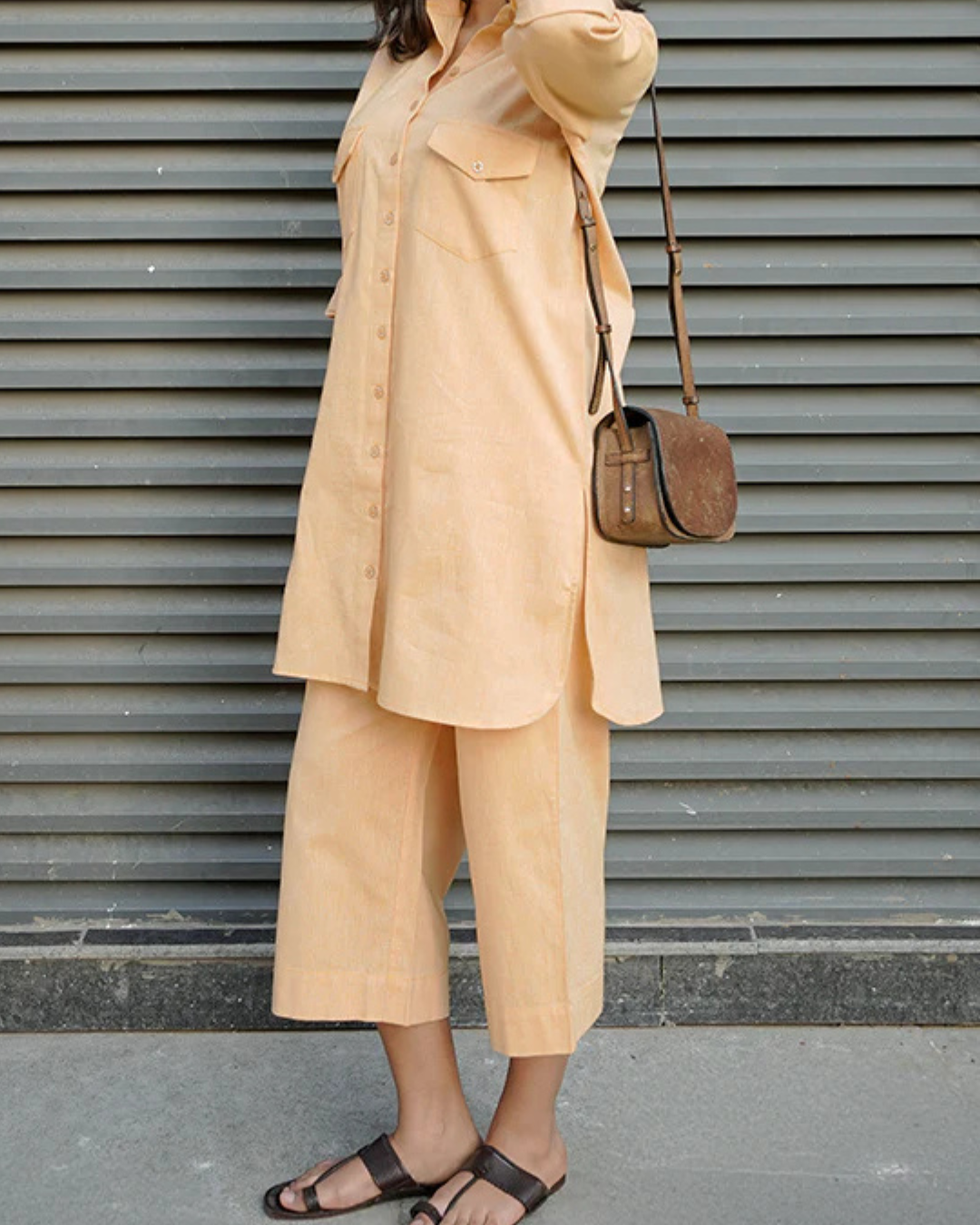 Women's Peach Cotton Linen Co-Ord Set | Shirt Style Kurta with Straight Pants