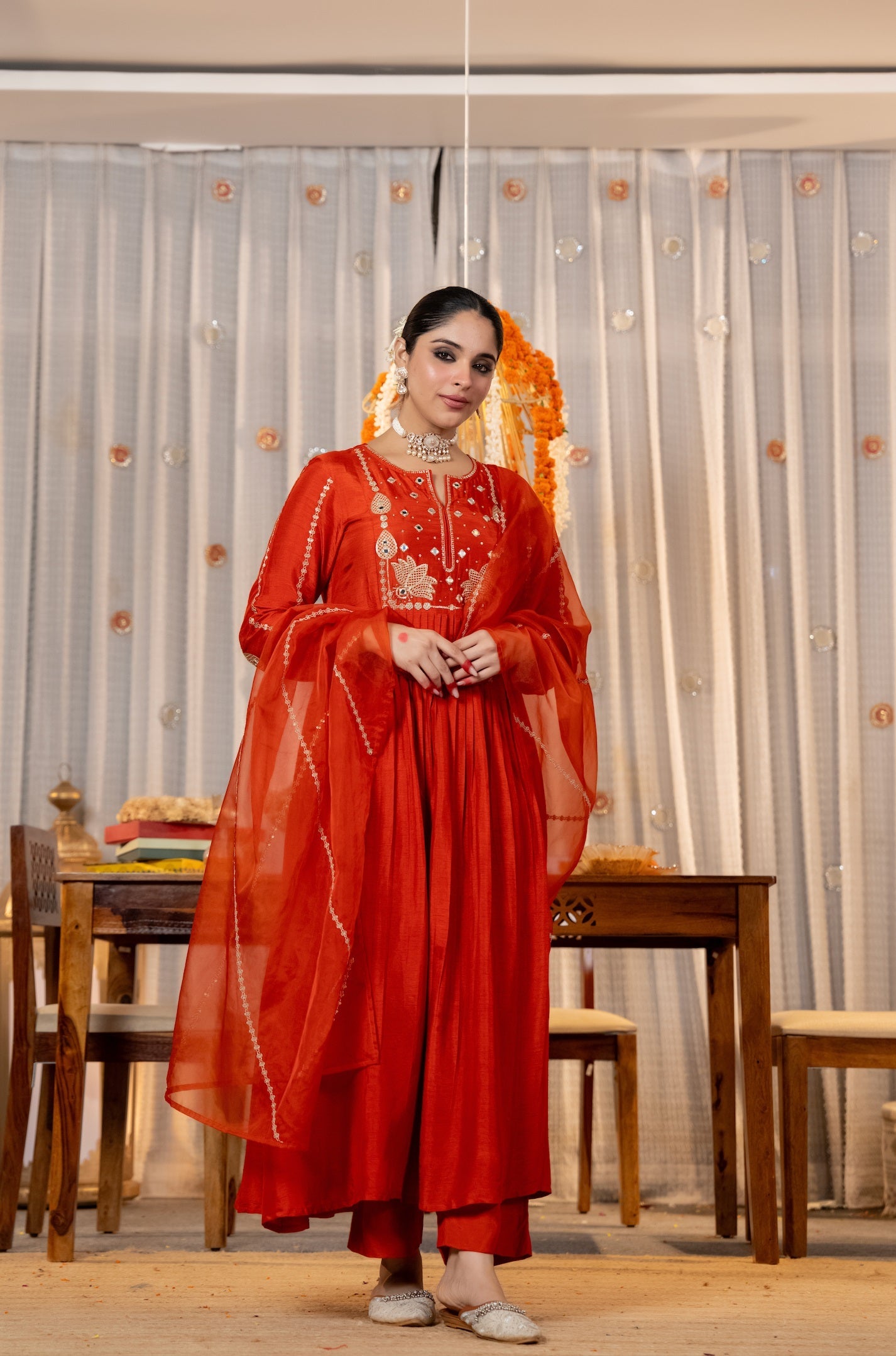 Elegant Red Embroidered Anarkali Kurta Set with Organza Dupatta for Women