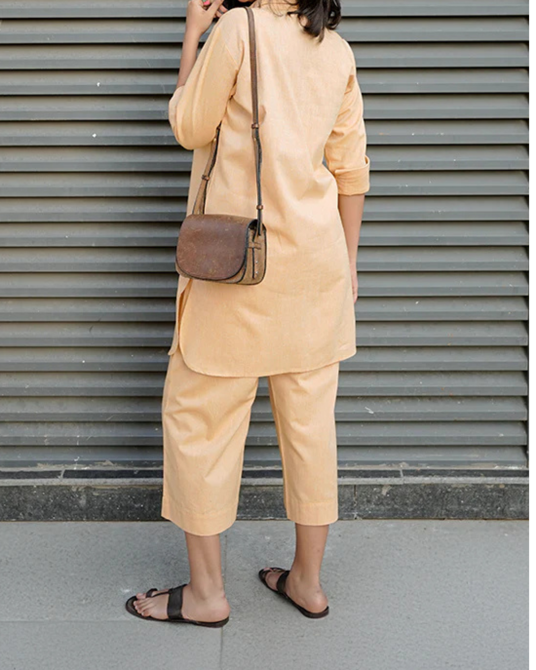 Women's Peach Cotton Linen Co-Ord Set | Shirt Style Kurta with Straight Pants