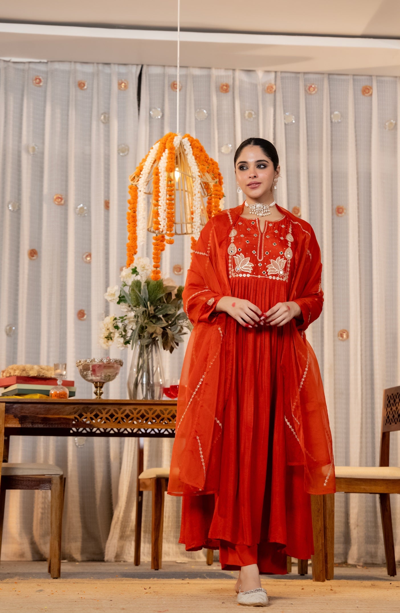 Elegant Red Embroidered Anarkali Kurta Set with Organza Dupatta for Women