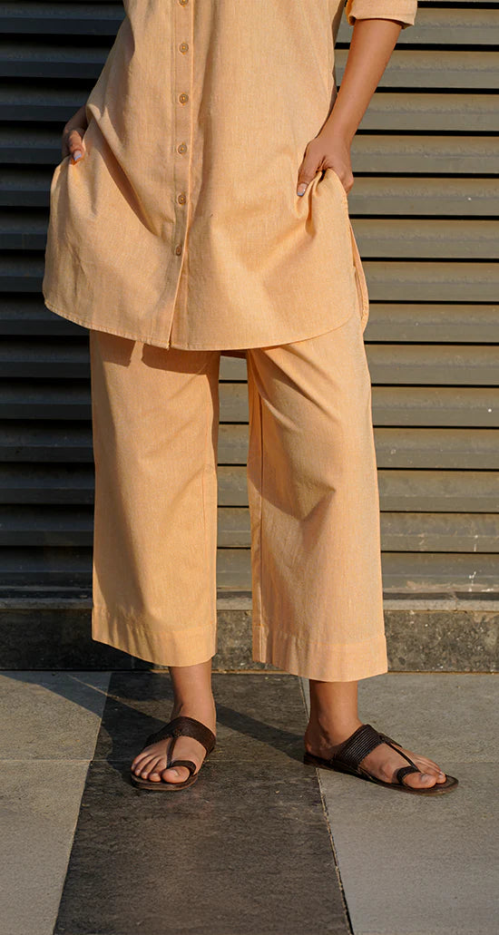 Women's Peach Cotton Linen Co-Ord Set | Shirt Style Kurta with Straight Pants