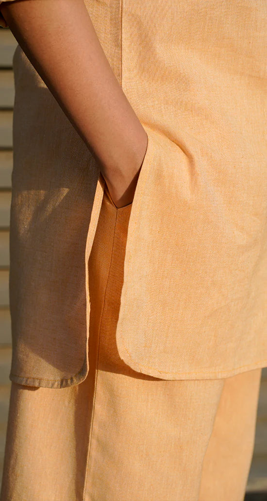 Women's Peach Cotton Linen Co-Ord Set | Shirt Style Kurta with Straight Pants