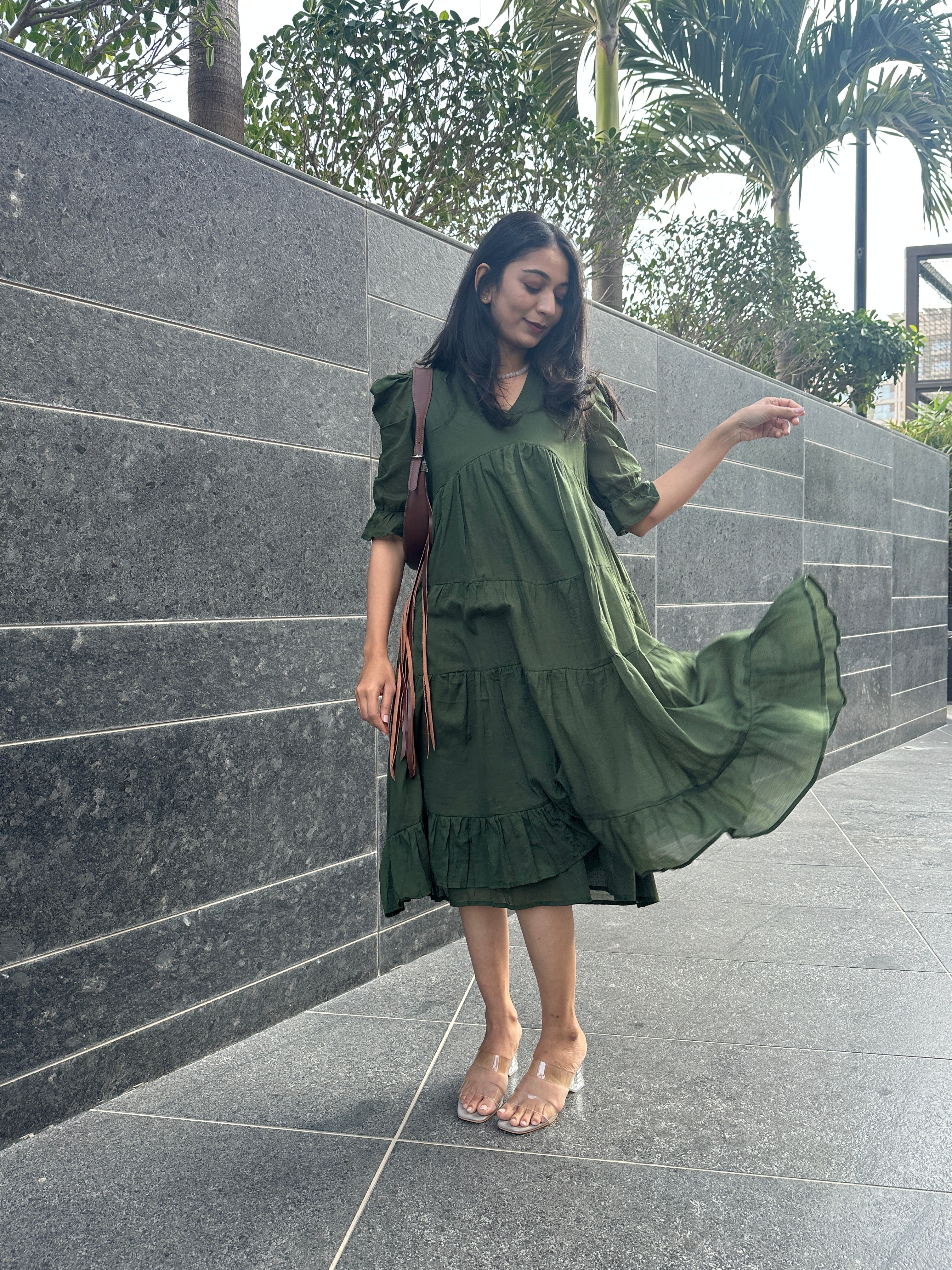 Olive Green Fairytale MIDI Dress with Lining