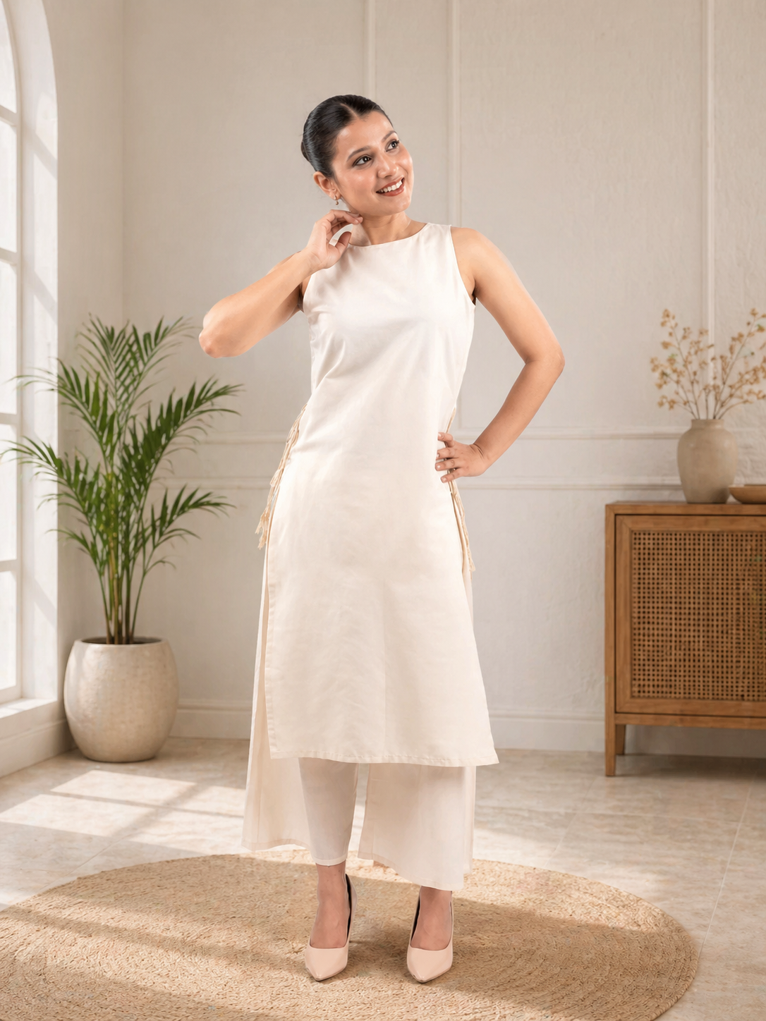 Blush  Ivory Sleeveless Asymmetric Kurta Set with Tassel Tie-Up