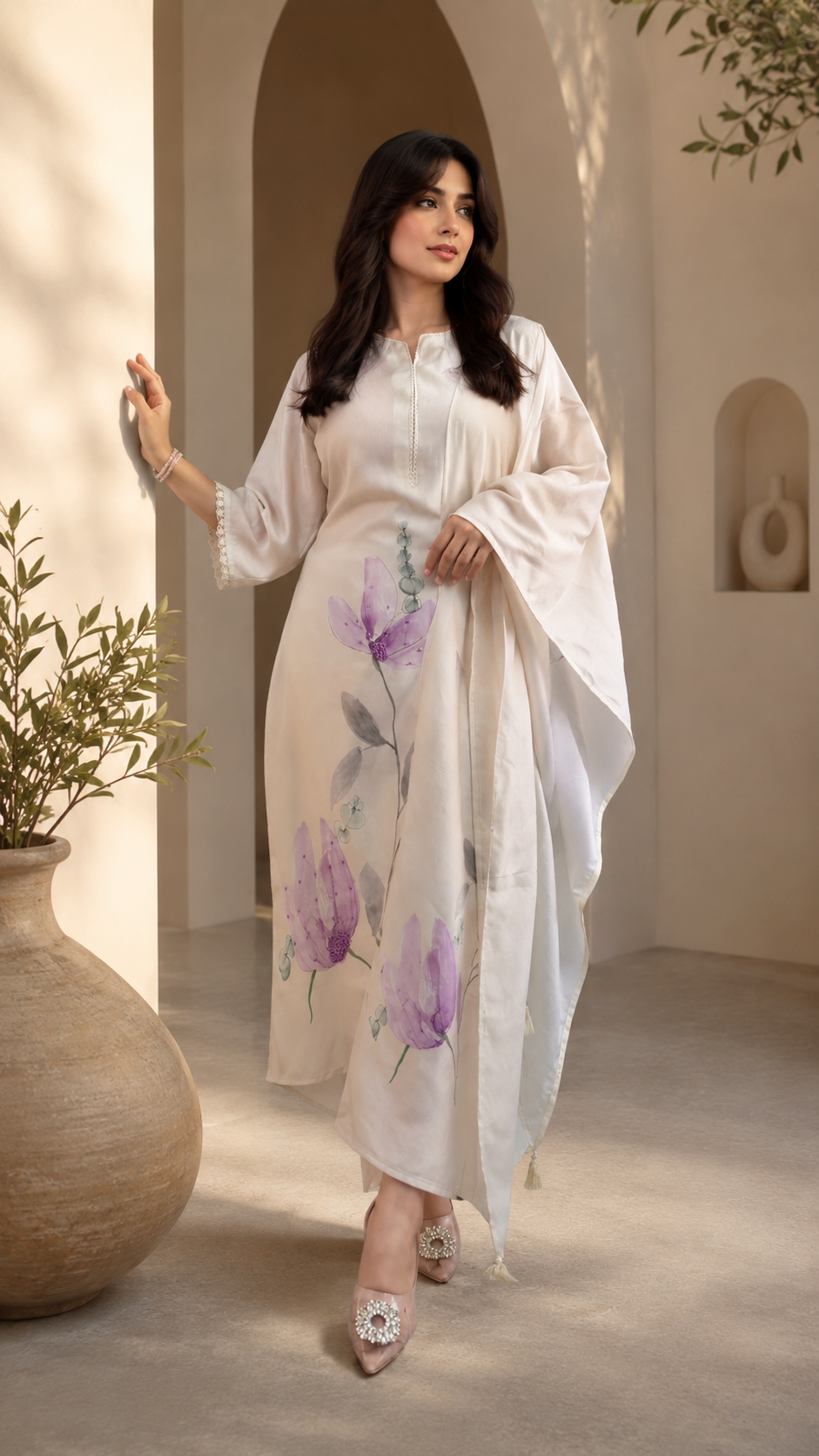 Elegant Floral Print Kaftan Style Kurta Set with Dupatta