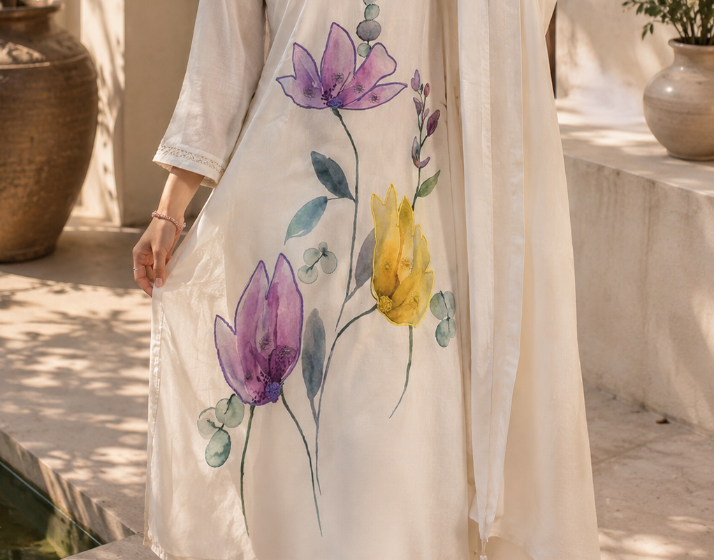 Elegant Floral Print Kaftan Style Kurta Set with Dupatta