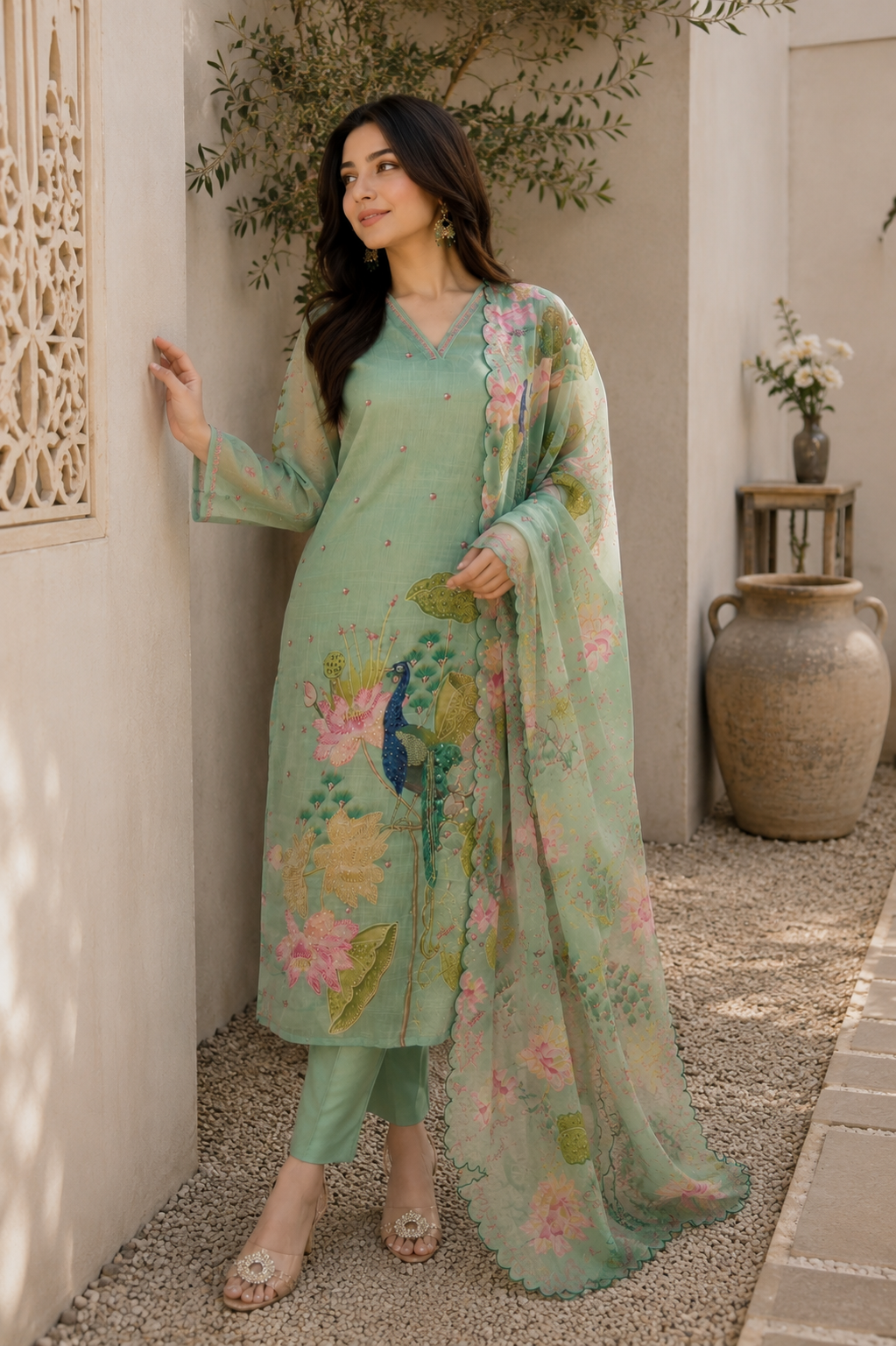 Peacock Floral Embroidered Mint Green Organza Salwar Suit Set