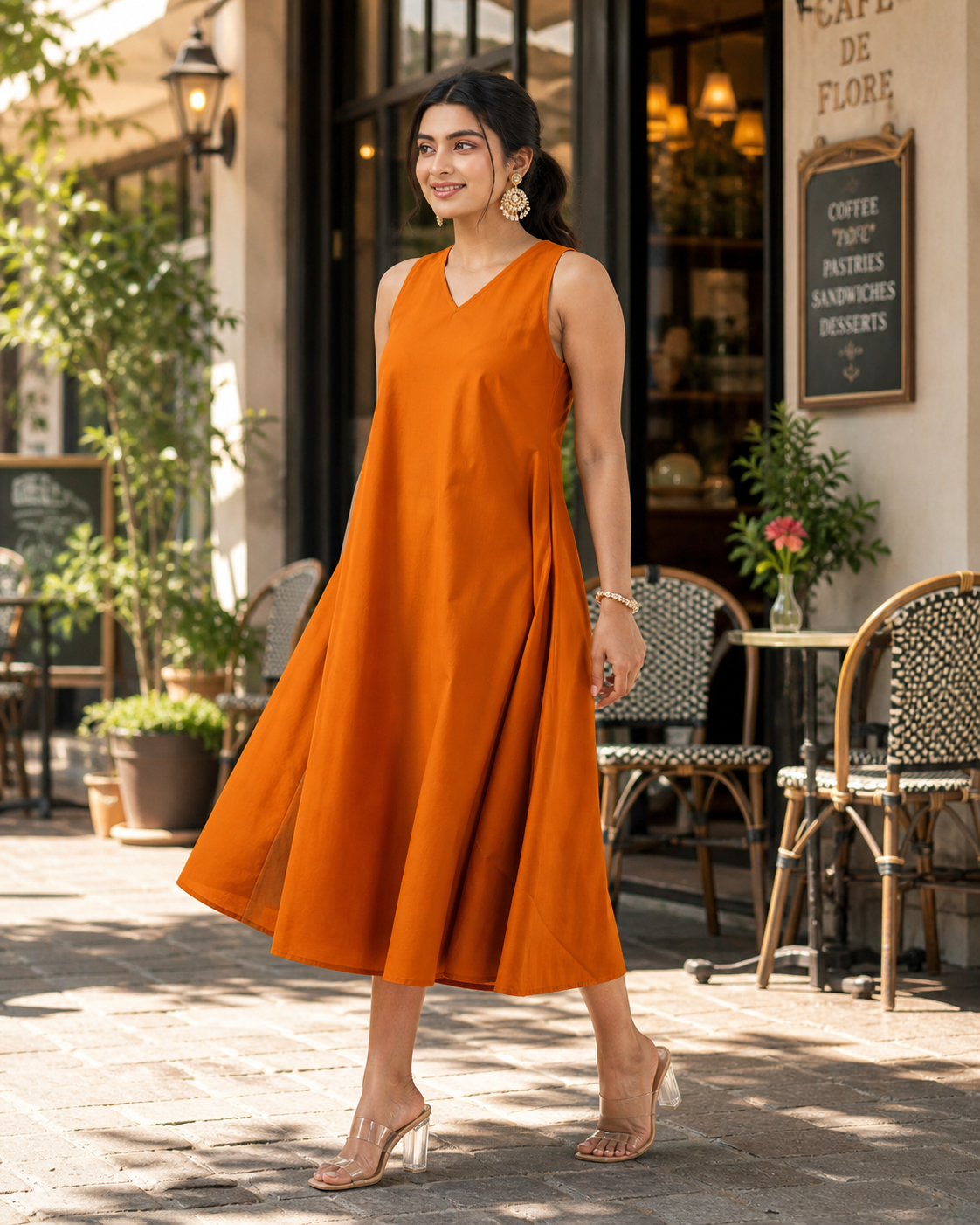 open lace back dress Elegant Rust Orange A-Line Midi Dress for Women