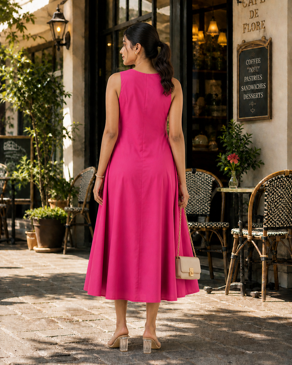 Stylish Hot Pink A-Line Midi Dress for Women