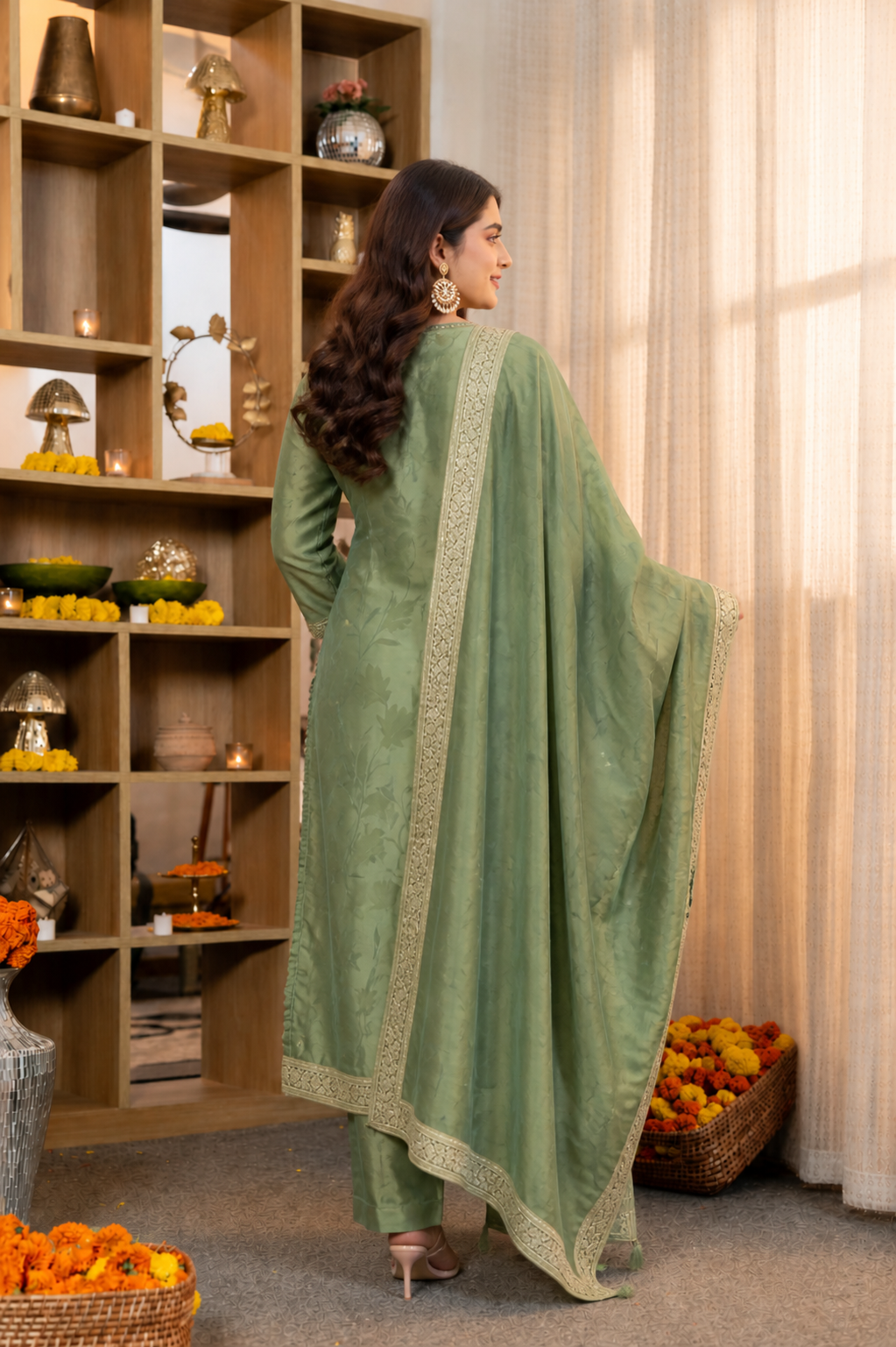 Elegant Sage Green Embroidered Kurta Set with Organza Dupatta for Women