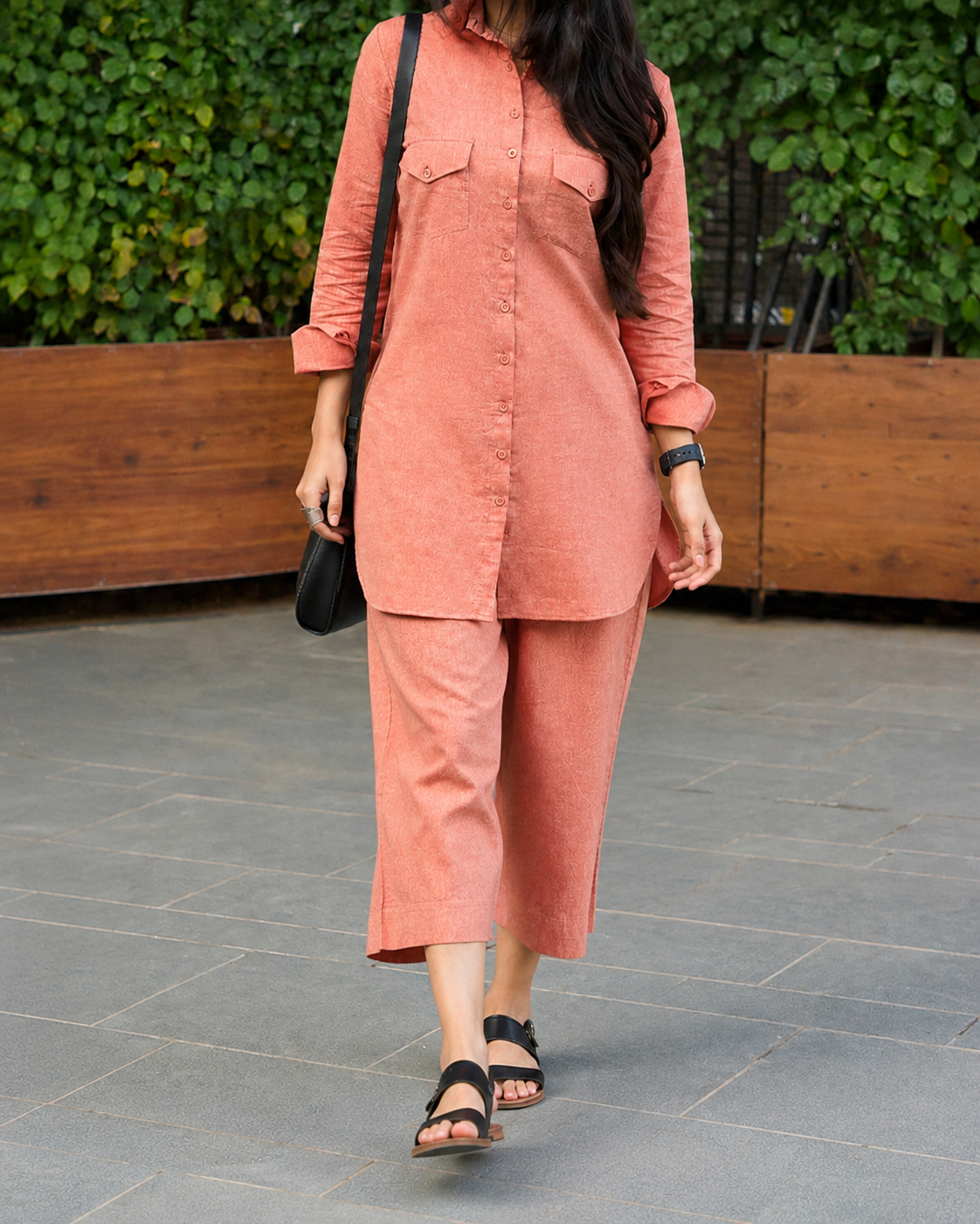 Peach Textured Shirt & Wide-Leg Co-ord Set for Women
