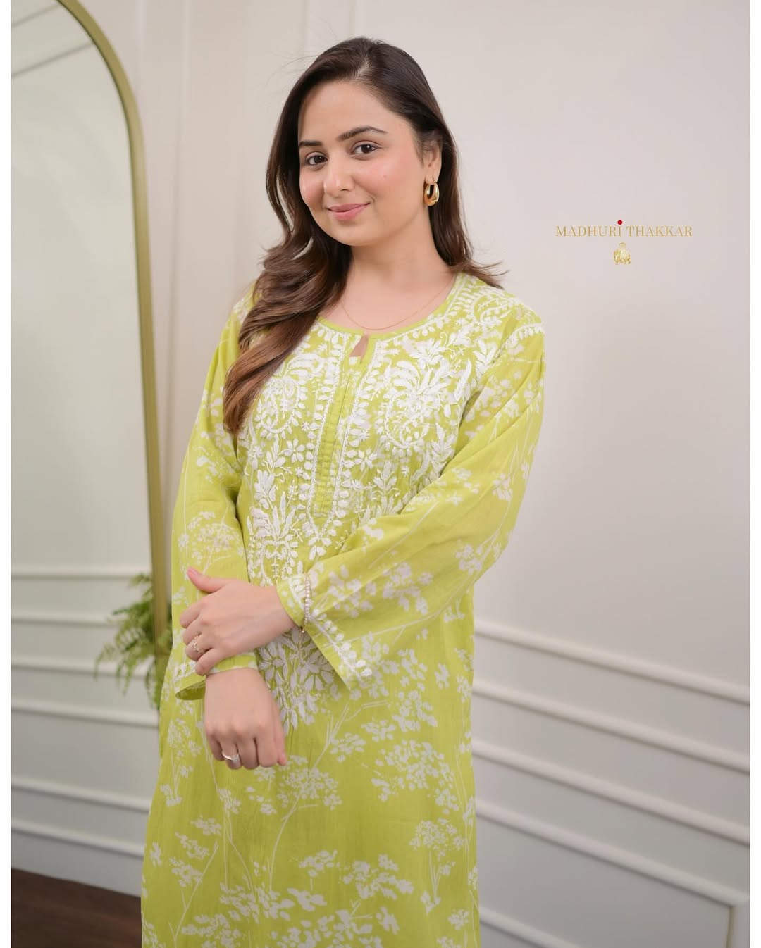 Green Floral Chikankari Embroidered Straight Kurti Pant Set Cotton Salwar Kameez for Women