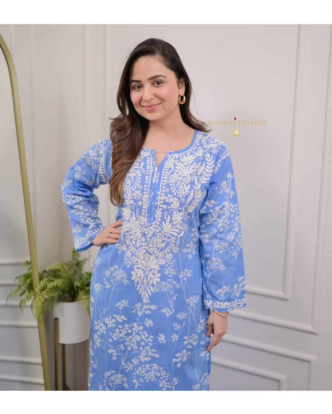 Blue Floral Chikankari Embroidered Straight Kurti Pant Set Cotton Salwar Kameez for Women