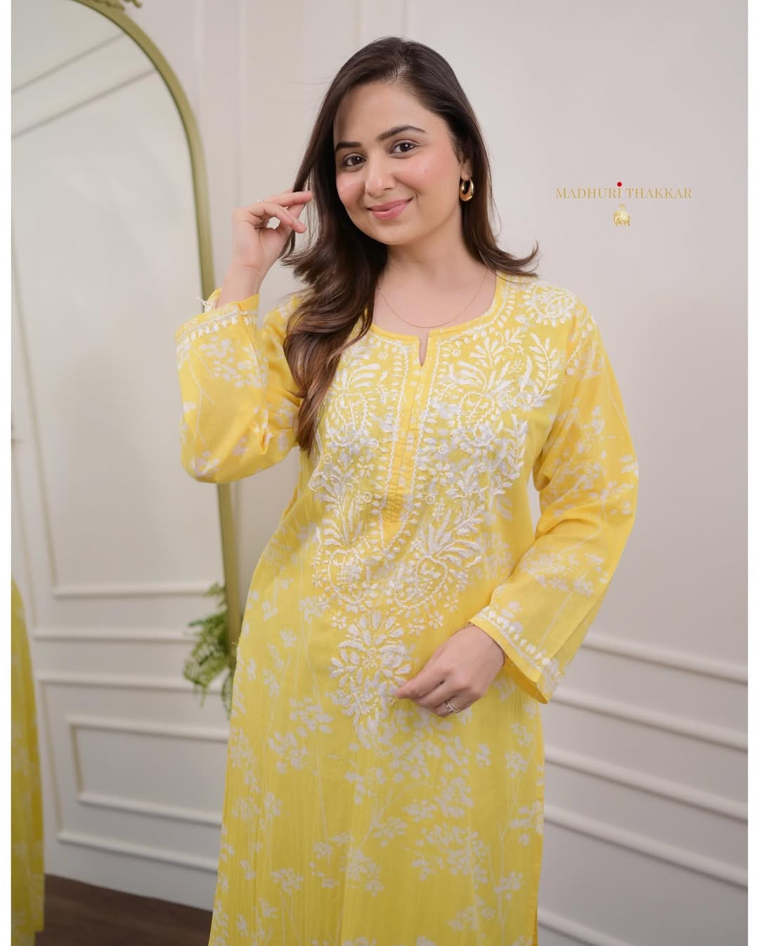 Yellow Floral Chikankari Embroidered Straight Kurti Pant Set Cotton Salwar Kameez for Women
