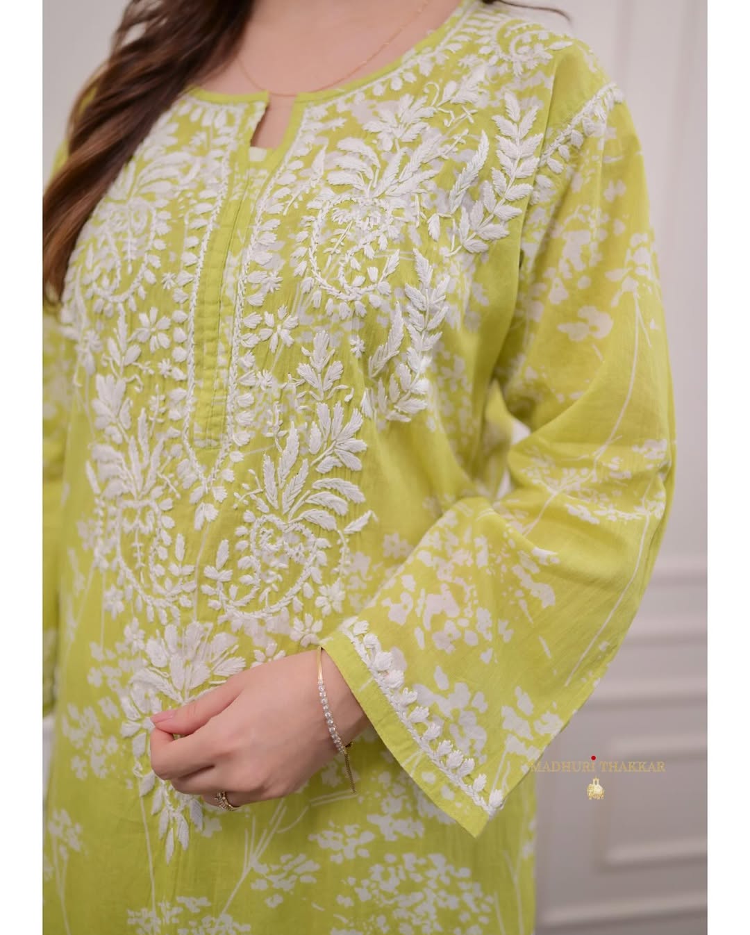 Green Floral Chikankari Embroidered Straight Kurti Pant Set Cotton Salwar Kameez for Women
