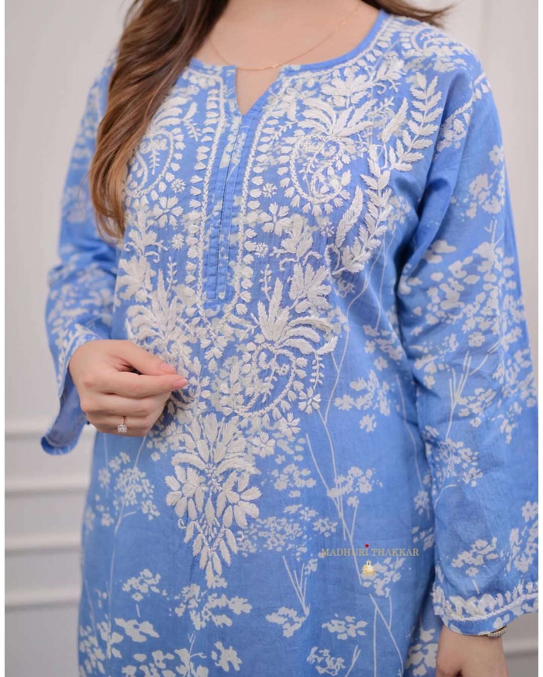 Blue Floral Chikankari Embroidered Straight Kurti Pant Set Cotton Salwar Kameez for Women