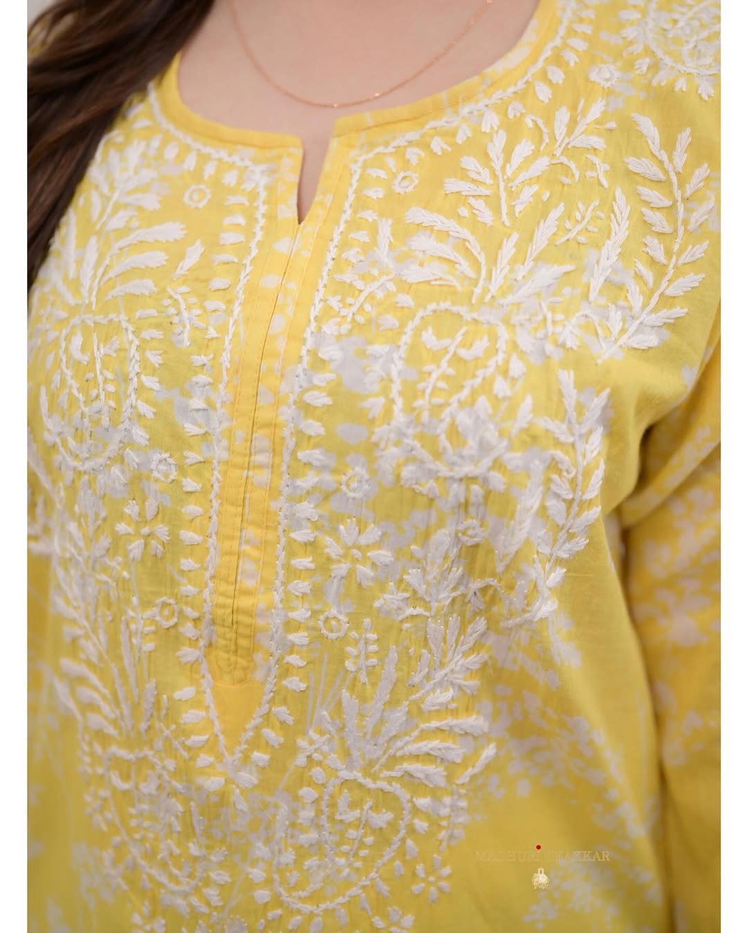 Yellow Floral Chikankari Embroidered Straight Kurti Pant Set Cotton Salwar Kameez for Women