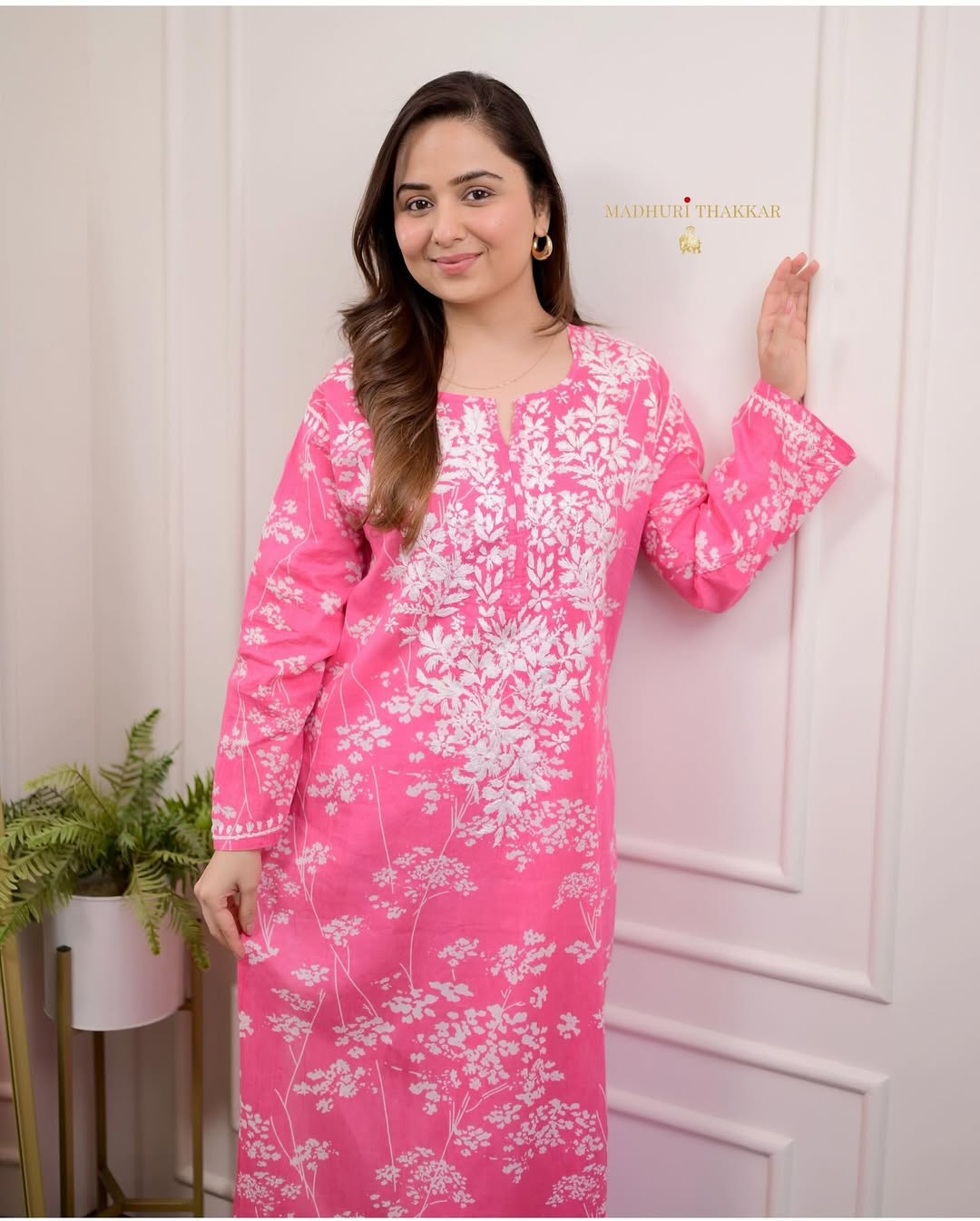 Pink Floral Chikankari Embroidered Straight Kurti Pant Set Cotton Salwar Kameez for Women