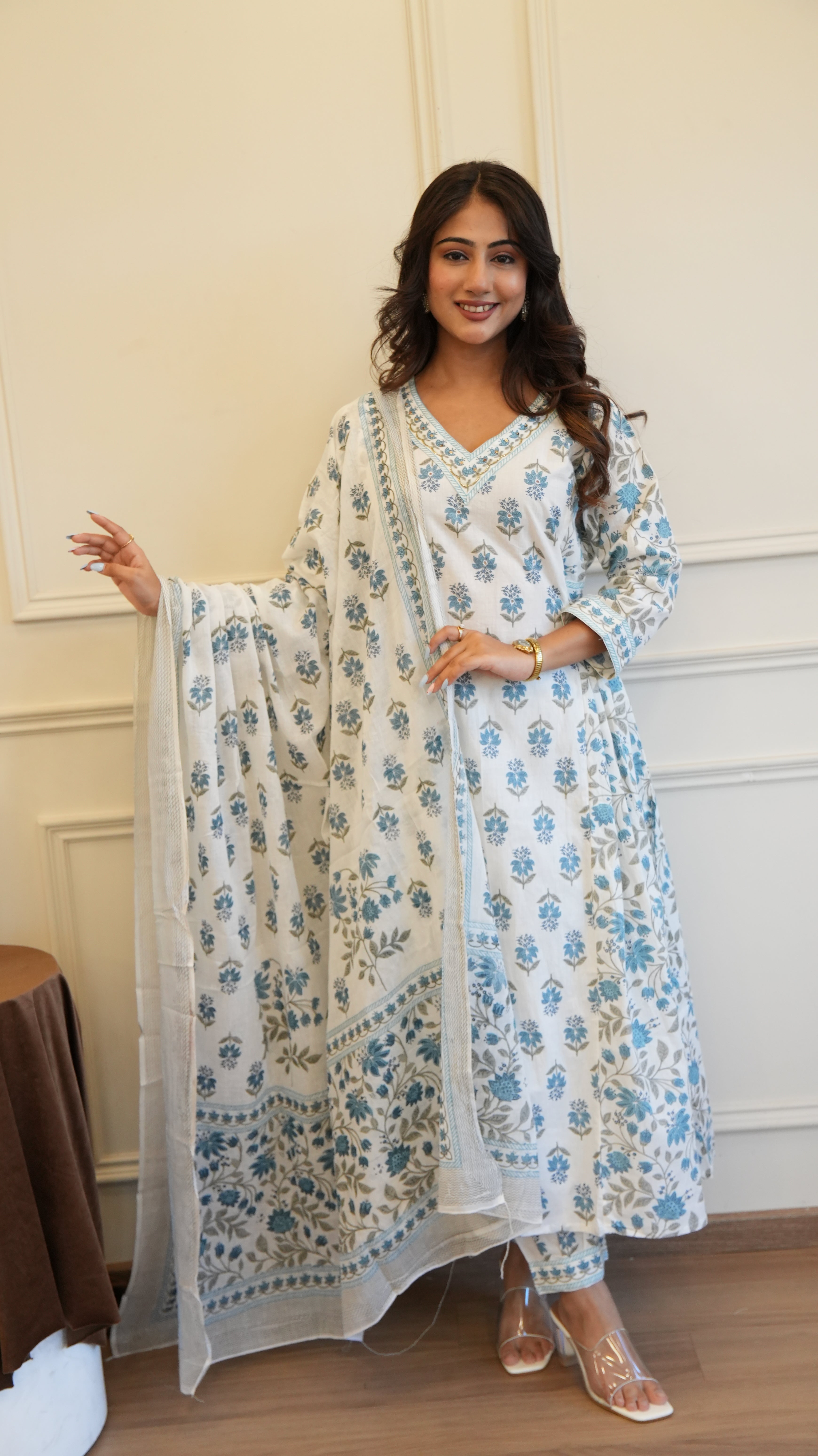 Blue White Cotton Afghani Kurti With Pant & Dupatta Set