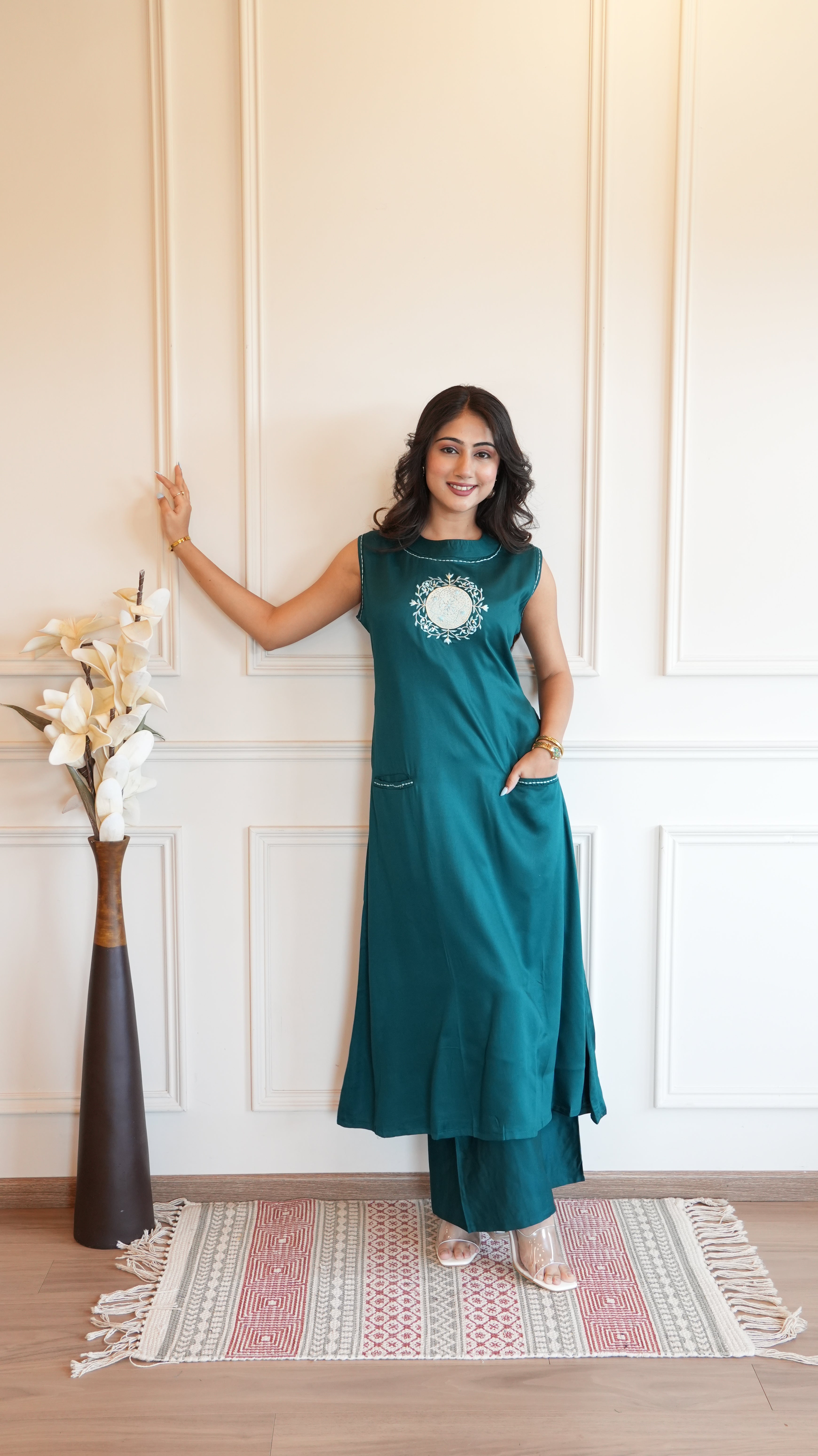 Women Teal Green Solid A-Line Kurta