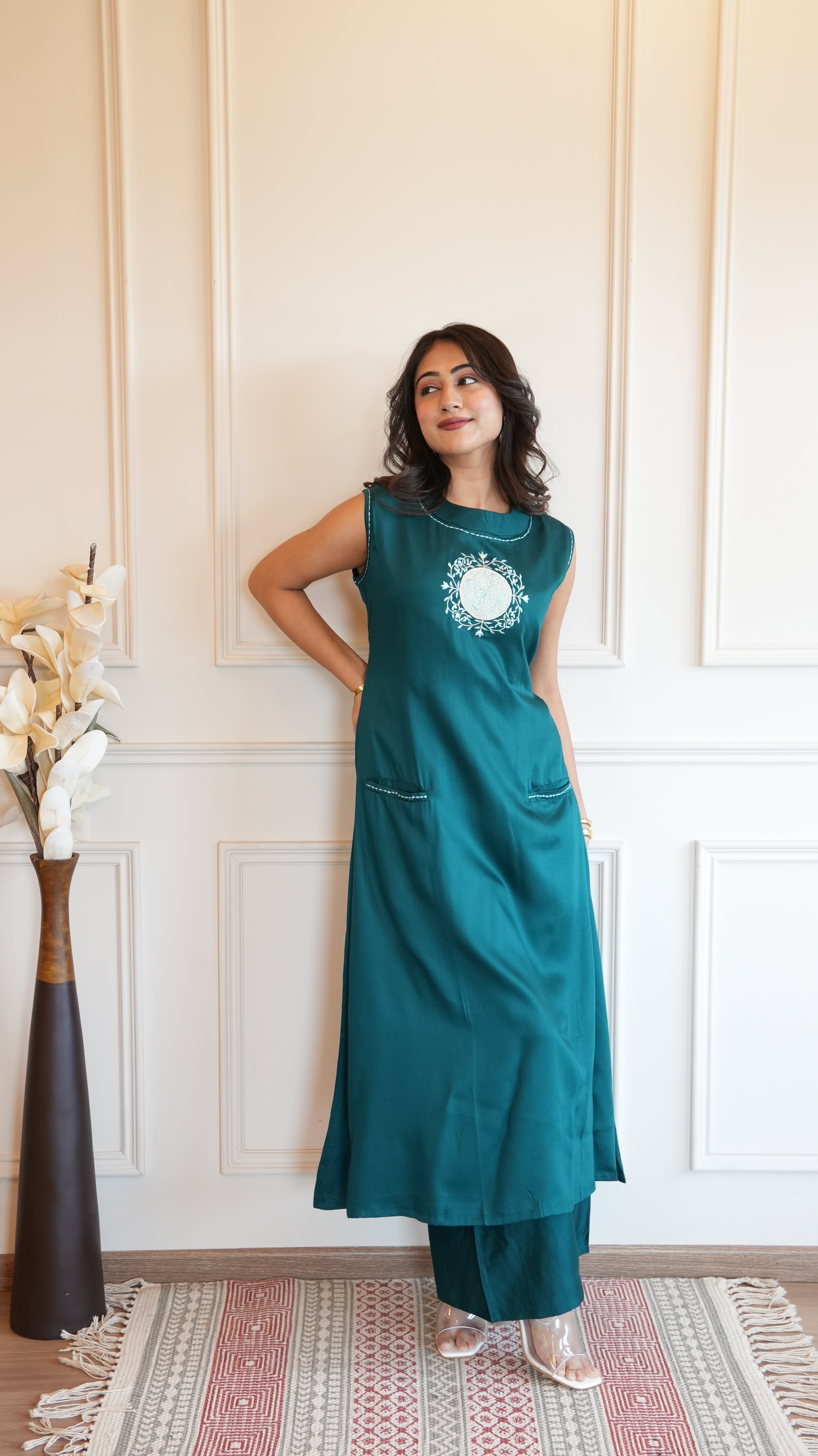 Women Teal Green Solid A-Line Kurta