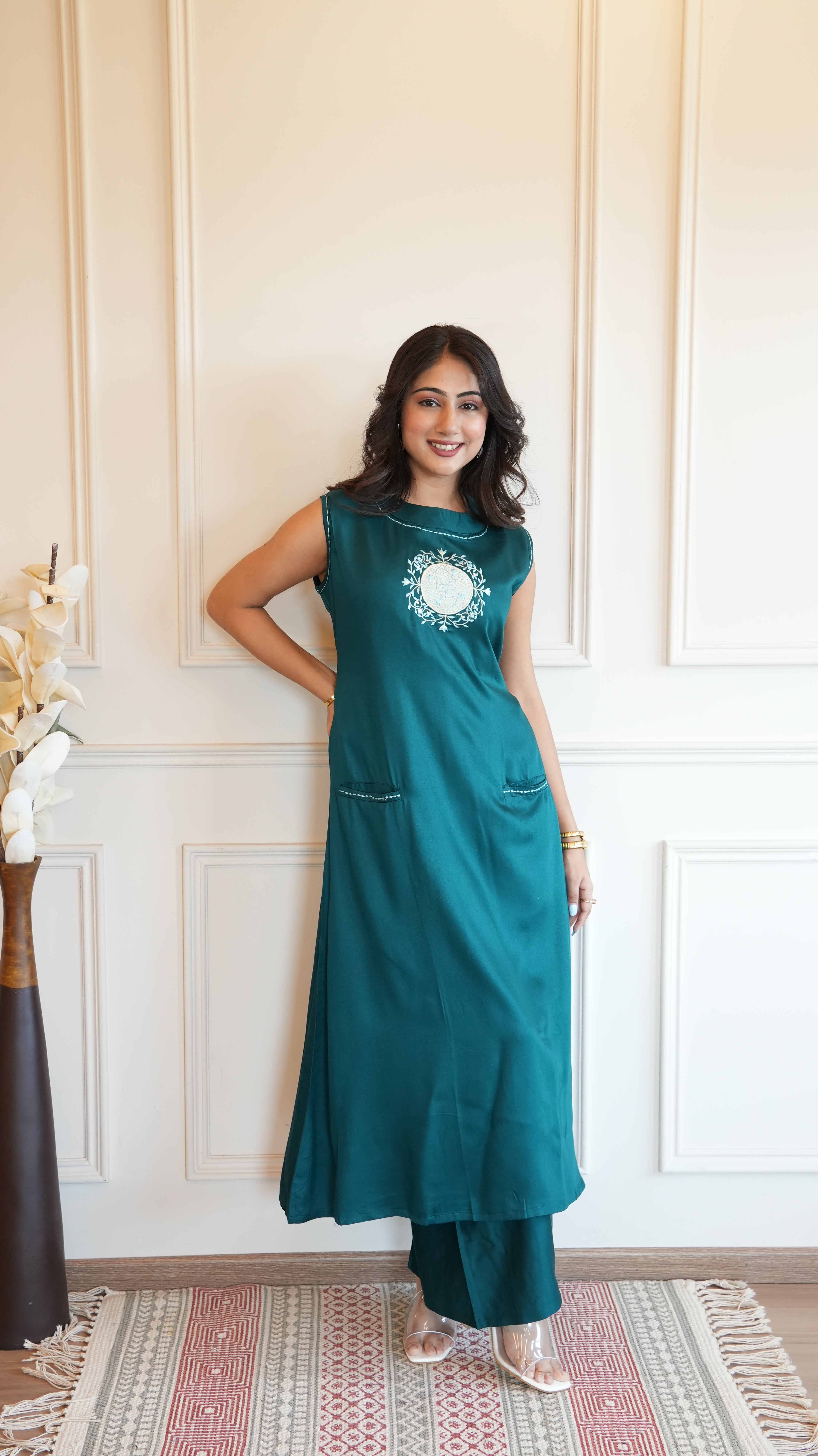 Women Teal Green Solid A-Line Kurta